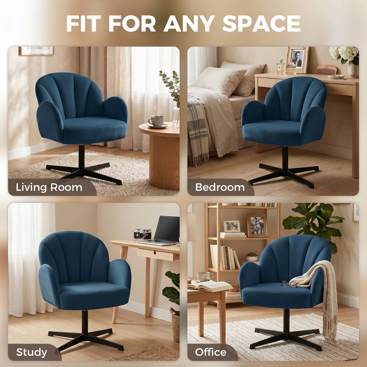 HOMCOM Swivel Accent Chair Shell Shaped Armchair With Spring Cushion And Metal Base Dark Blue