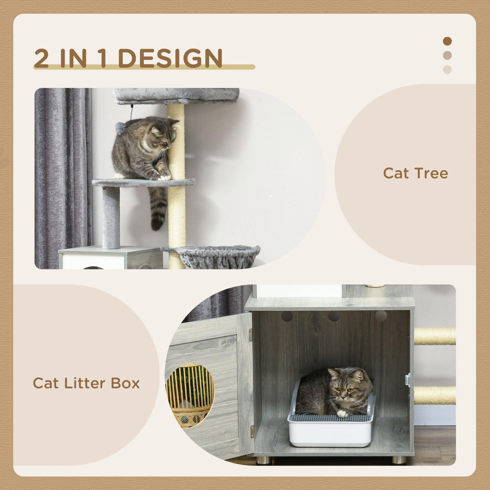 PawHut Grey Enclosed Cat Litter Box with Cat House - Indoor Cats Use - ALL4U RETAILER LTD