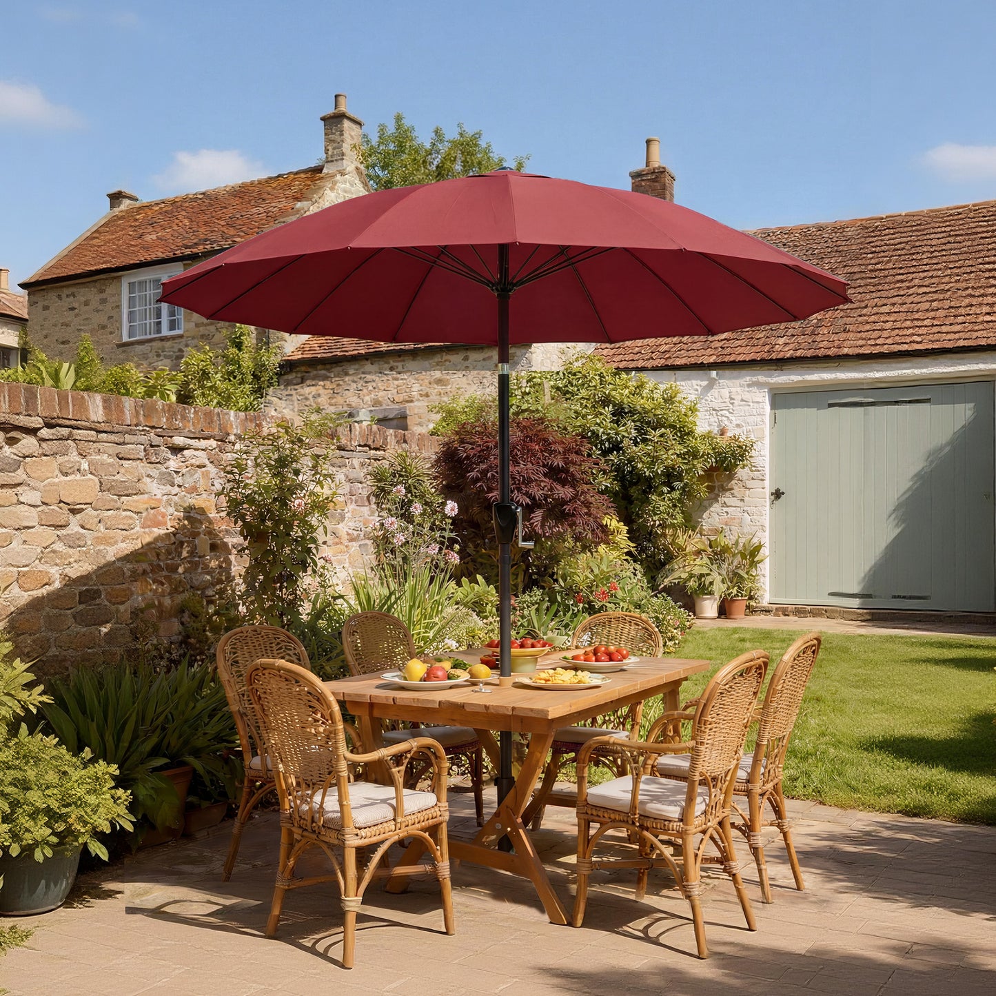 Outsunny 2 m Shanghai Garden Parasol Umbrella With 16 Fibreglass Ribs Crank Tilt Wine Red