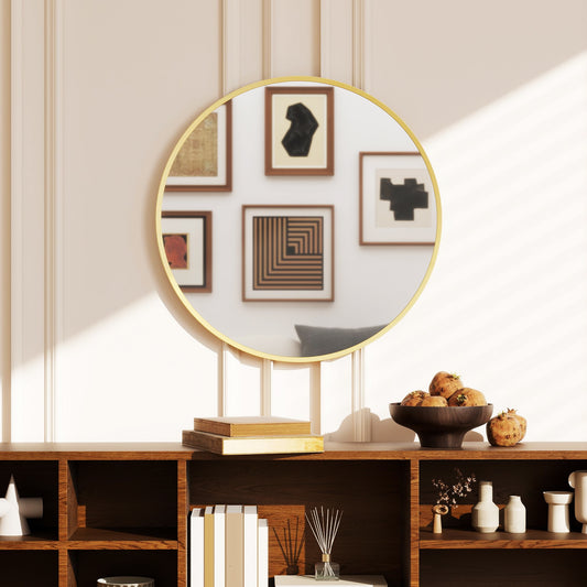 HOMCOM 61cm Decorative Round Wall Mirror For Bedroom Living Room Gold Tone Bathroom Mirror For Home Decor