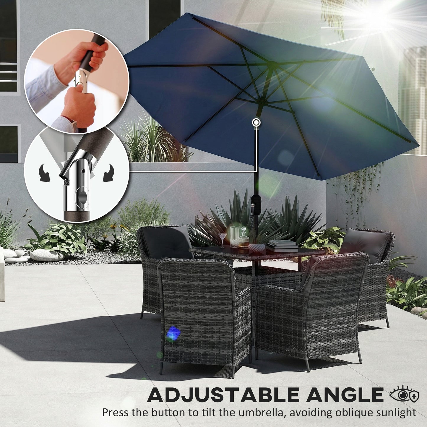Outsunny 2.6 m Garden Parasol Umbrella With Aluminium Pole Outdoor Patio Umbrella Tilt Crank Vent Navy Blue