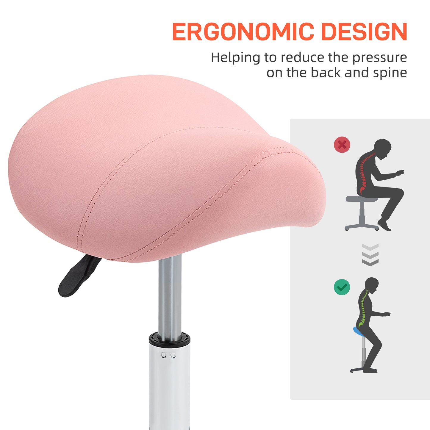 HOMCOM Adjustable Pink Faux Leather Saddle Stool for Salon and Spa Use - ALL4U RETAILER LTD