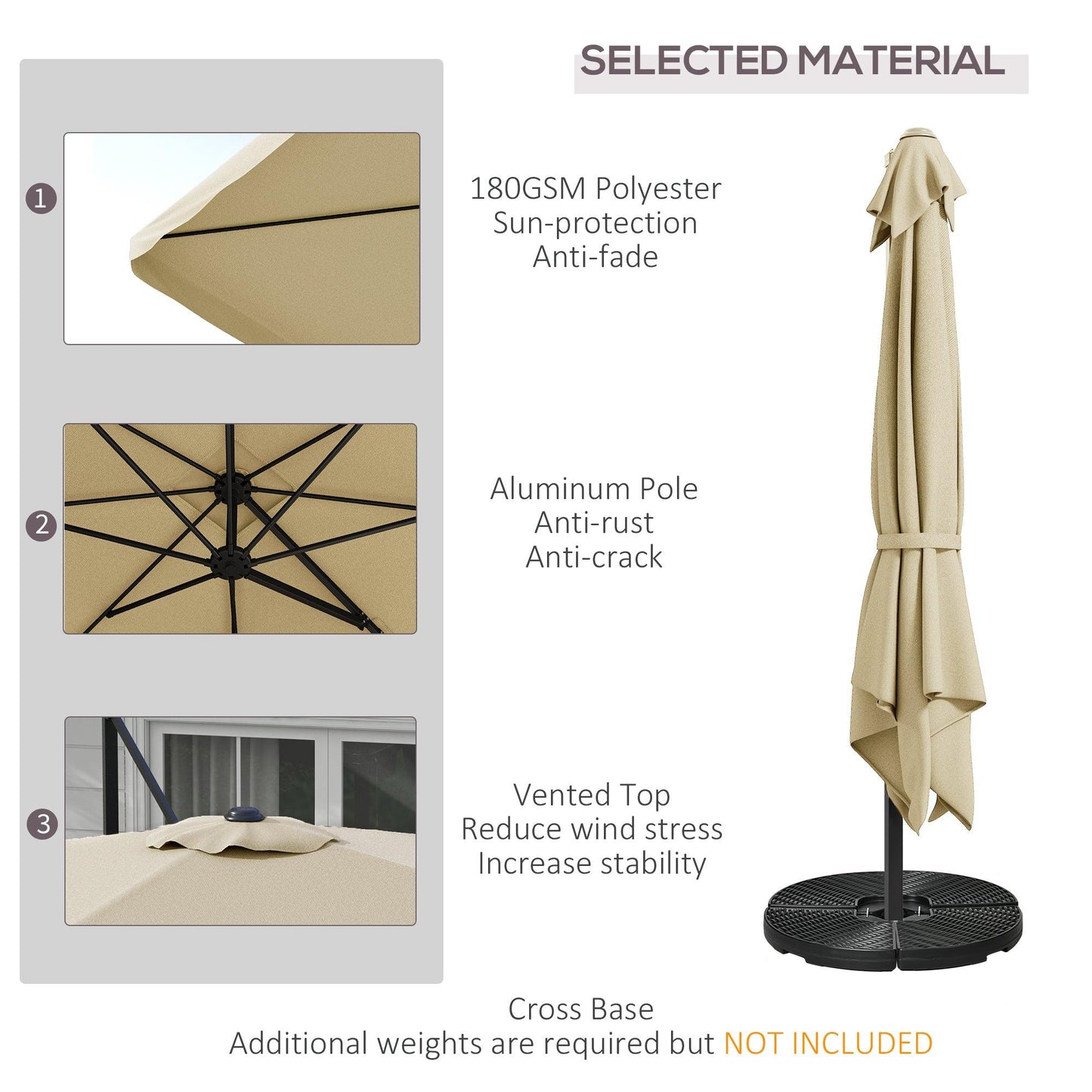 Outsunny 3(m) Cantilever Roma Parasol, Hanging Garden Parasol, Aluminium Square Patio Umbrella with Crank Handle and Tilt, Outdoor Patio Sun Shade with Vented Top, 8 Ribs, Cross Base, Khaki - ALL4U RETAILER LTD