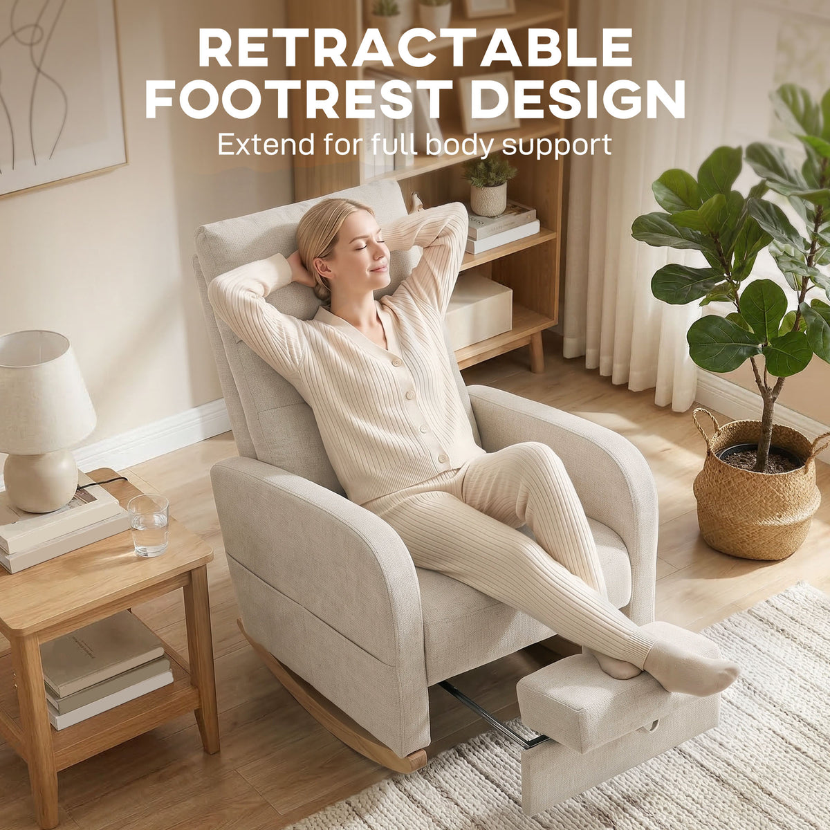 Light beige rocking chair with retractable footrest fully extended for lounging