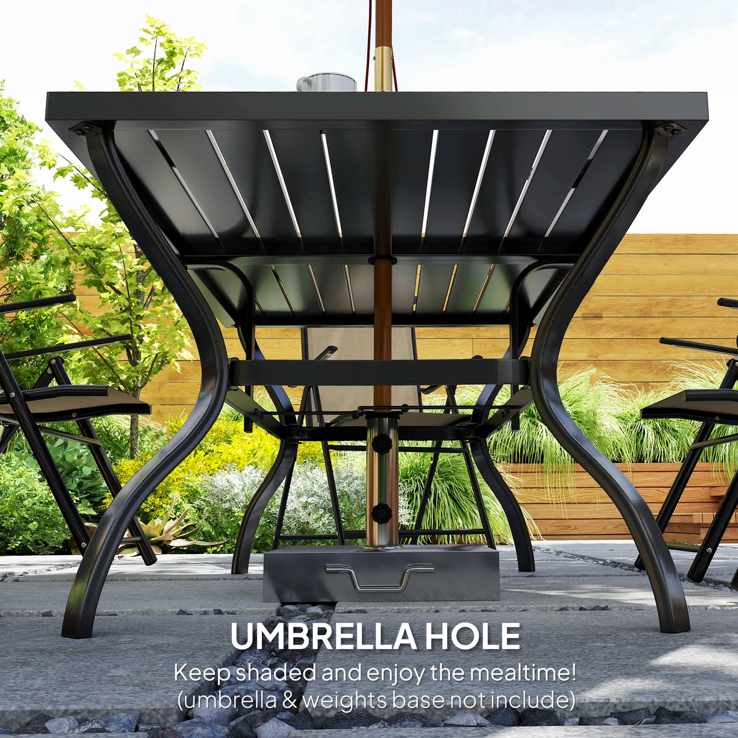 Outsunny Seven Piece Steel Outdoor Dining Set with Parasol Hole Khaki Rectangular Table and Six Folding Chairs