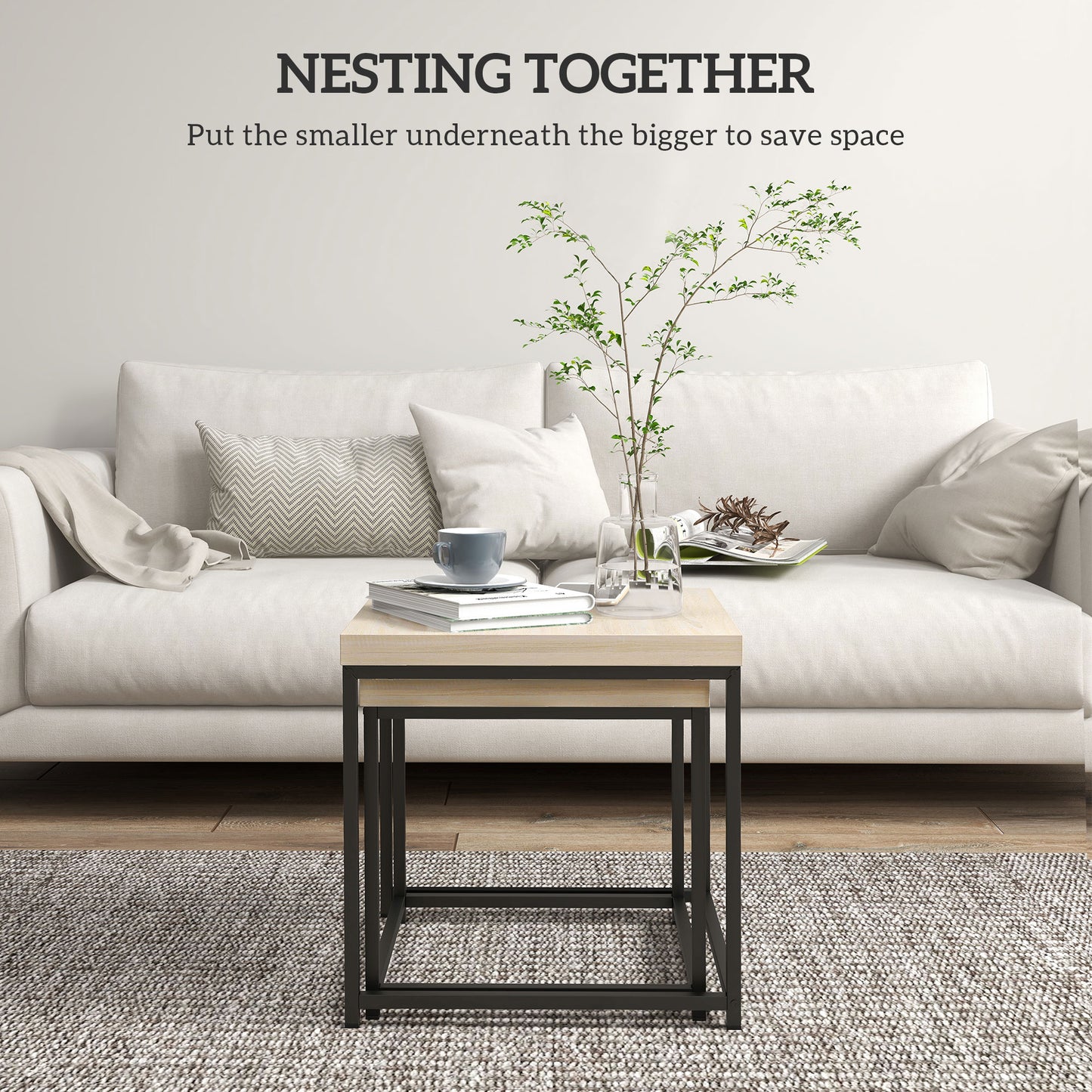 HOMCOM Nesting Coffee Table Set of 2 with 3.5cm Thick Oak Tabletop and Steel Frames