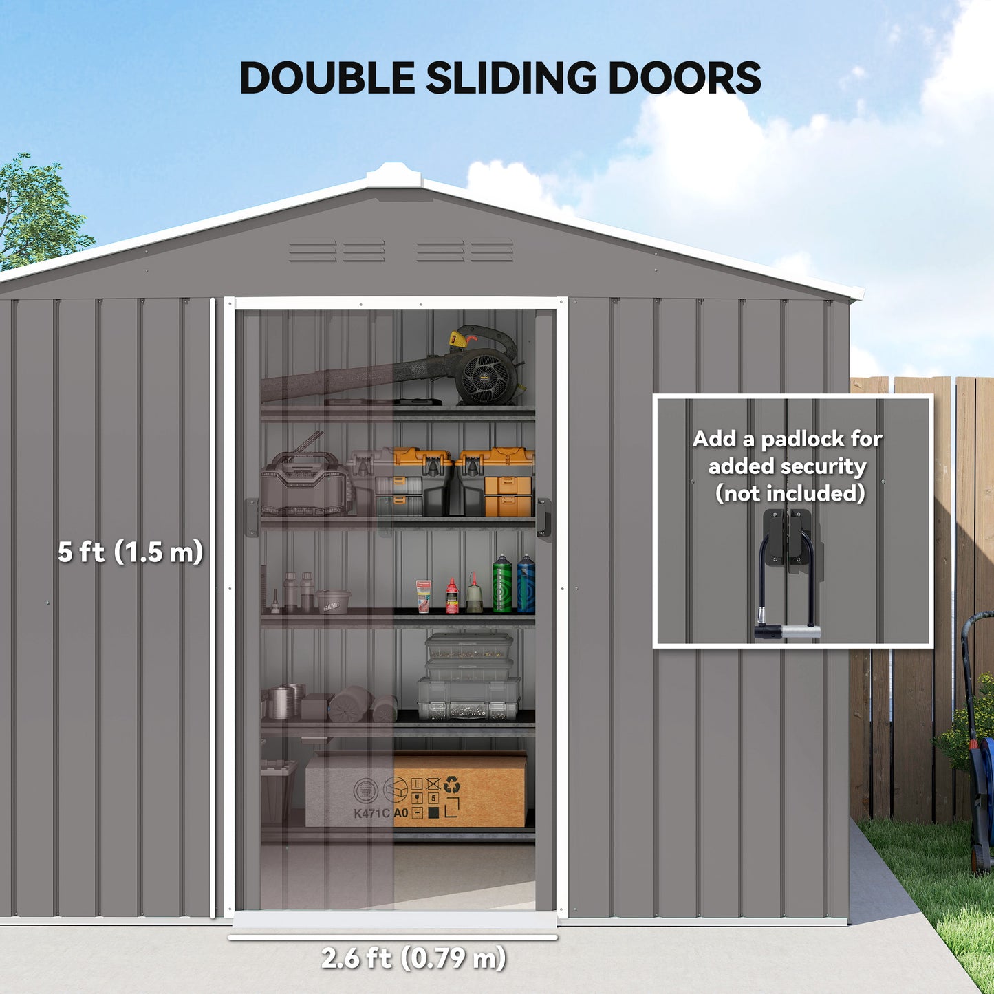 Outsunny 8 By 6 Ft Galvanised Steel Shed With Double Doors For Outdoor Tool And Garden Storage Light Grey