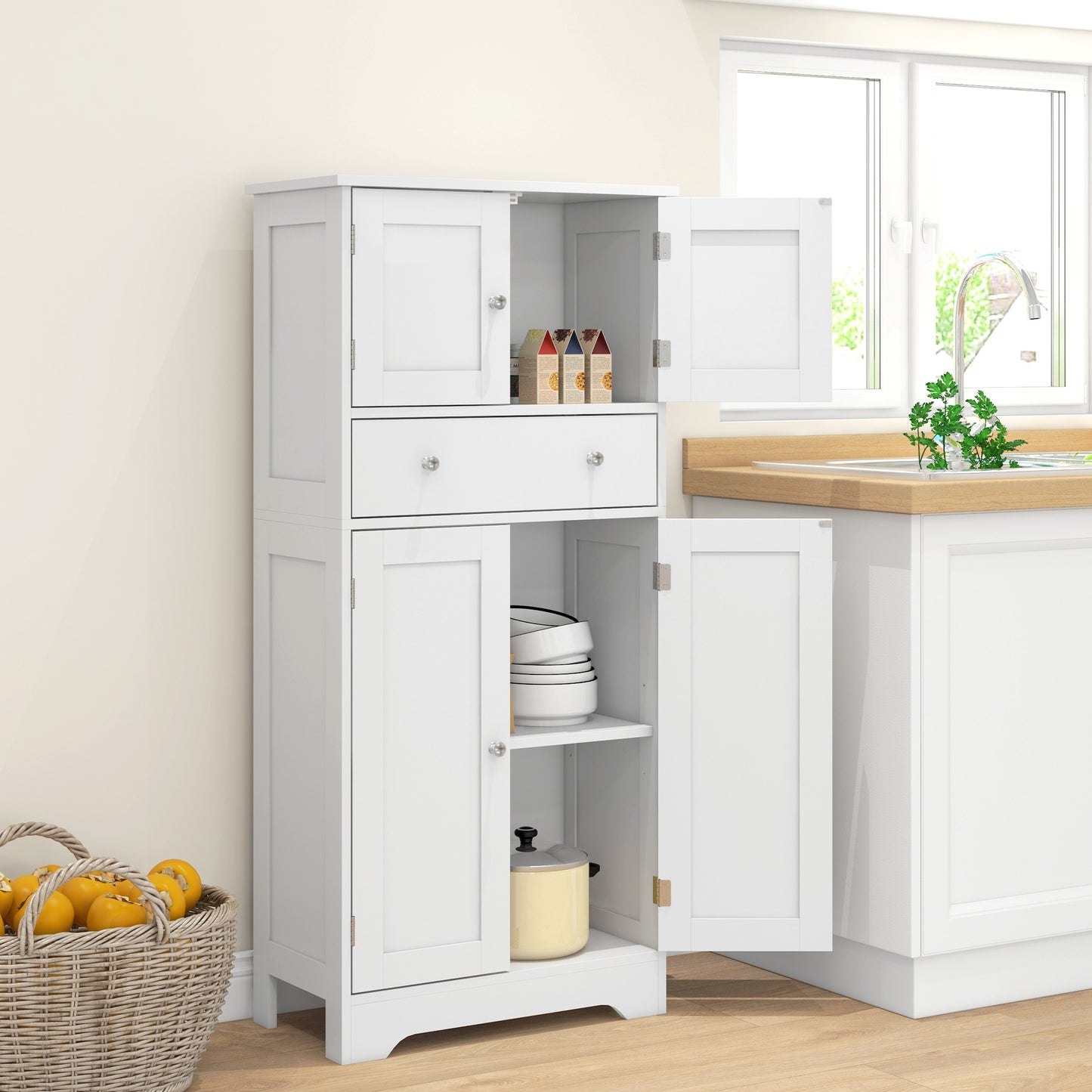 HOMCOM Modern White Kitchen Storage Cabinet with Adjustable Shelves and Drawer - ALL4U RETAILER LTD