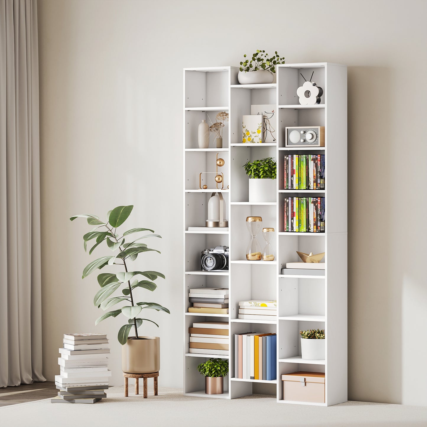 HOMCOM 21 Compartment Tall Bookshelf White With Adjustable Shelves For Living Room Storage