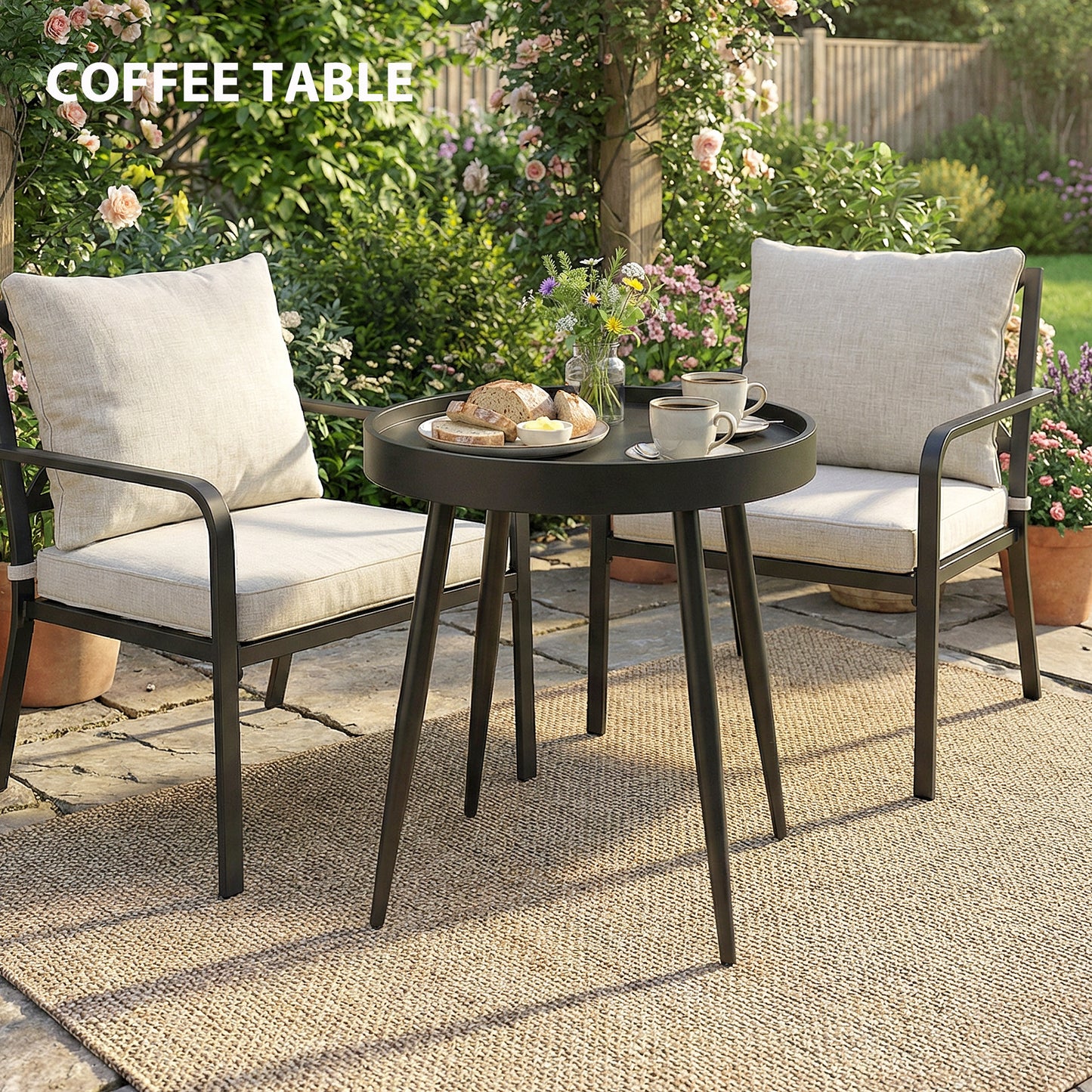 Outsunny 49.5 Cm Round Garden Table Outdoor Side Table With Plastic Tray Top And Metal Legs Black