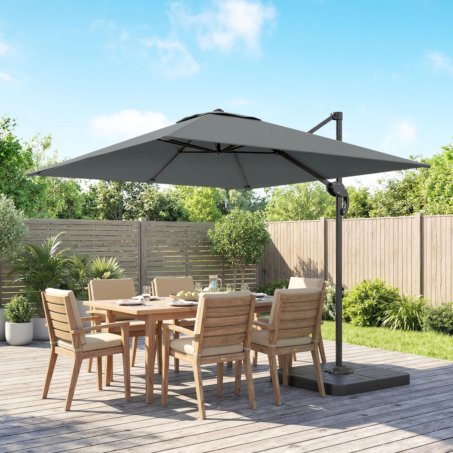 Outsunny 2.4 x 2.4m Cantilever Parasol With Weights UPF50+ Offset Outdoor Umbrella Easy Tilt Adjustment Dark Grey