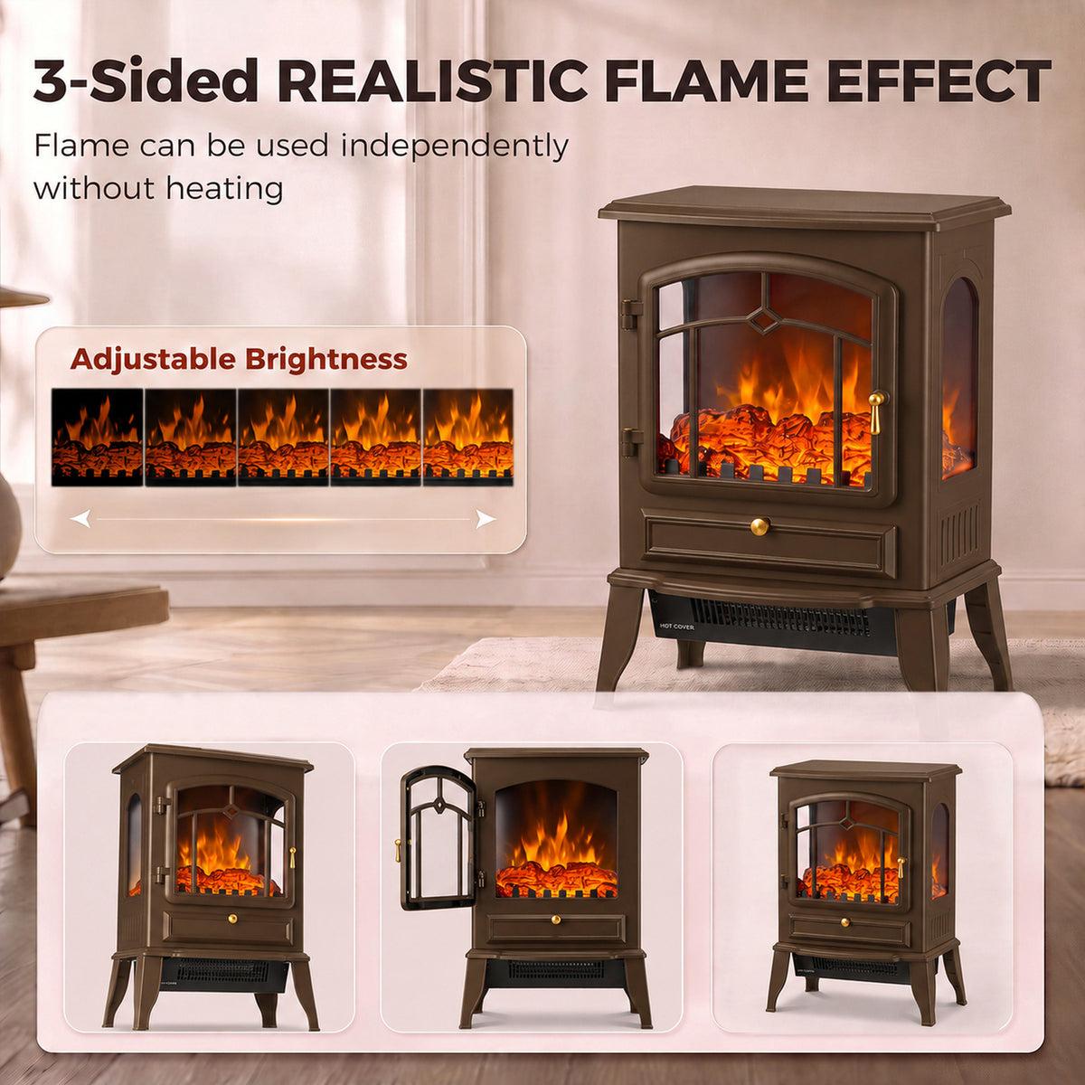 Homcom Electric Fireplace Stove 3 Sided Freestanding Heater with 3D Flame