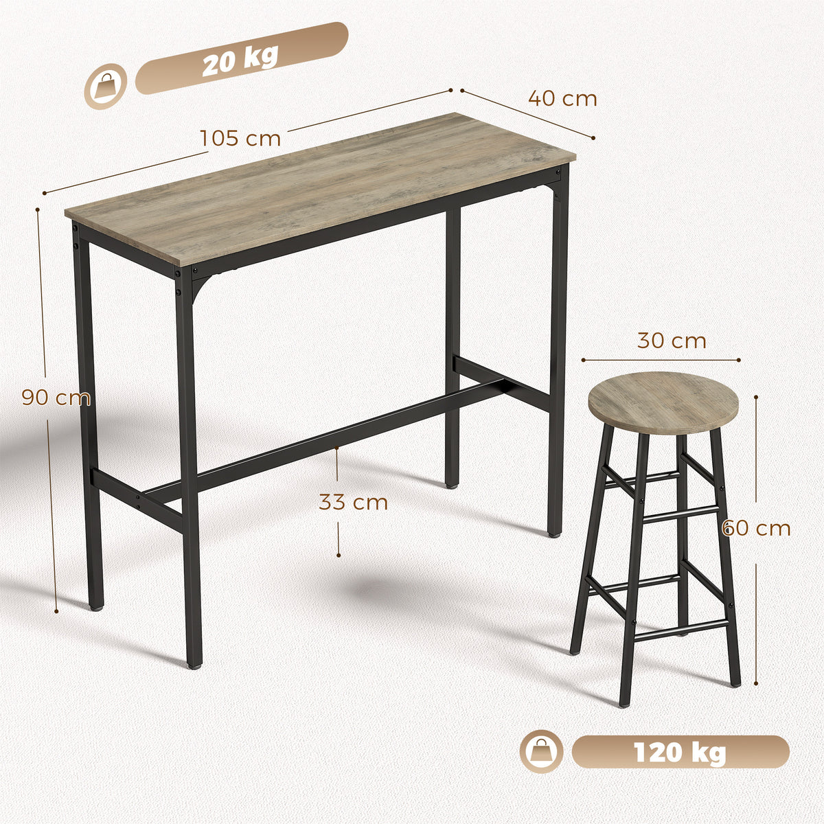 Homcom 5 Piece Industrial Bar Table Set With 4 Tall Grey Stools