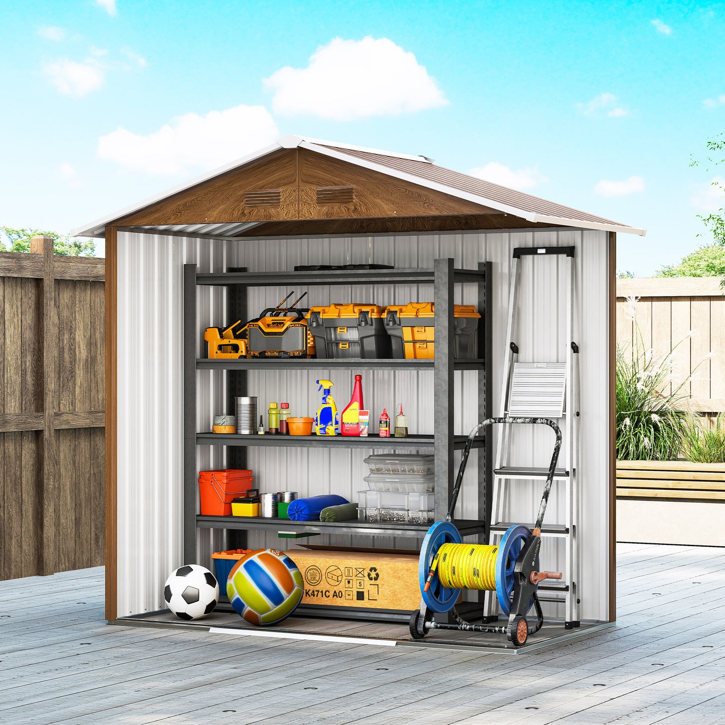 Outsunny Metal Garden Storage Shed Brown Wood Effect 6.5 x 3.5 Feet With Double Sliding Doors