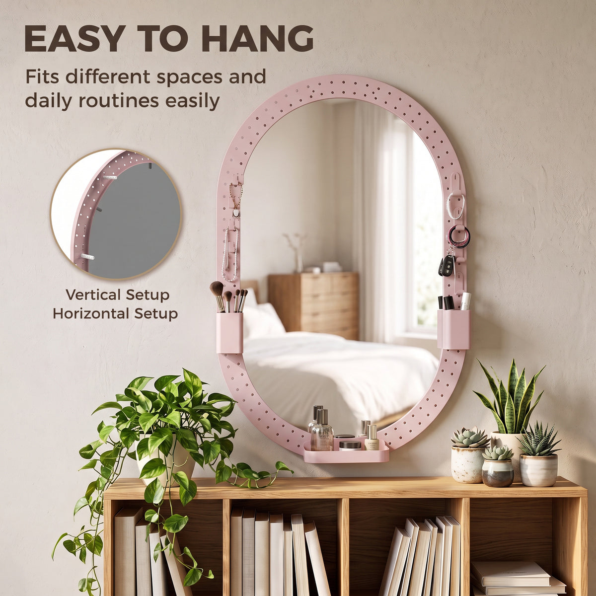 Oval wall mirror with pink pegboard frame, side hooks, and easy-mount design