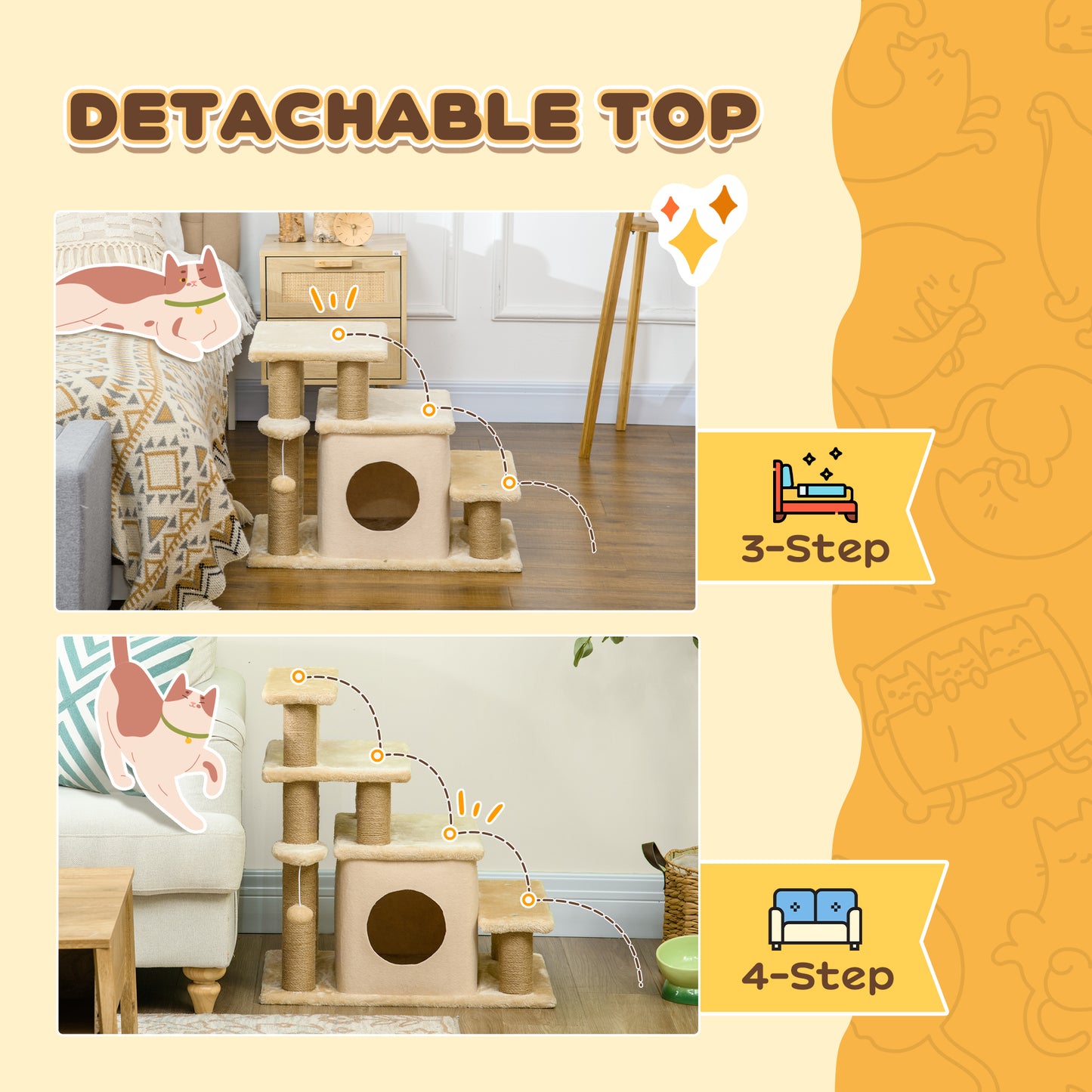 PawHut Adjustable Pet Stairs with Cozy Condo and Playful Hanging Ball - Beige