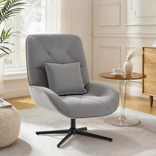 HOMCOM Chenille Accent Chair Swivel Armchair With Lumbar Pillow High Back Deep Seat Metal Legs Light Grey