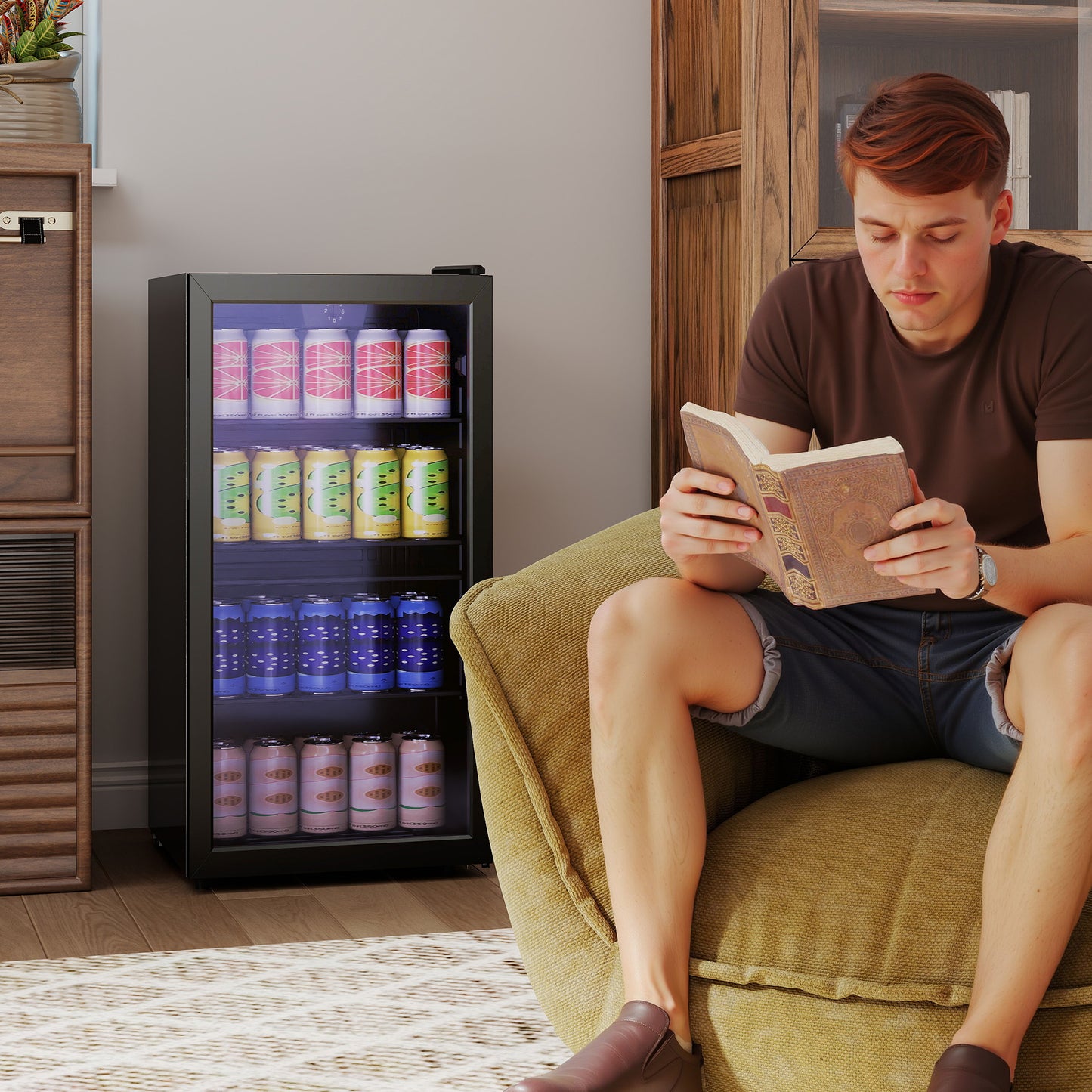 HOMCOM 93L Drinks Fridge 115 Can Capacity Freestanding Beer Fridge With Glass Door LED Light Black