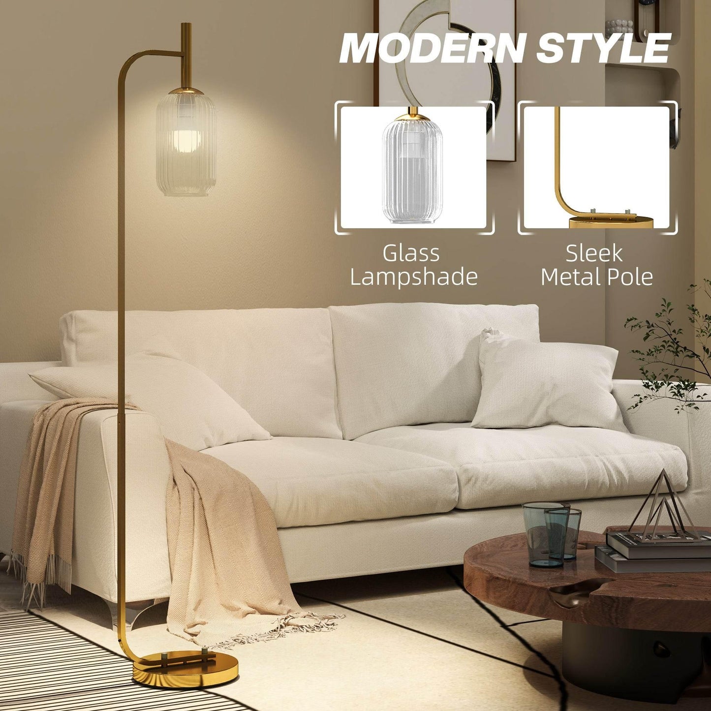 Modern Gold Tone Floor Lamp with Glass Shade and Foot Switch for Living Room and Bedroom - ALL4U RETAILER LTD