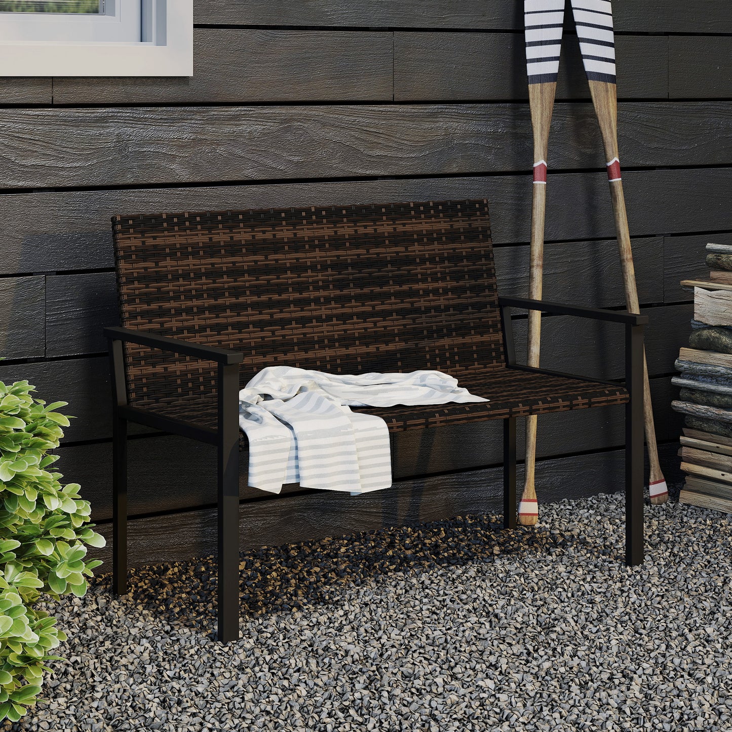 Outsunny Two Seater Rattan Garden Bench With Quick Drying Padding And Armrests Steel Frame Patio Loveseat Mixed Brown