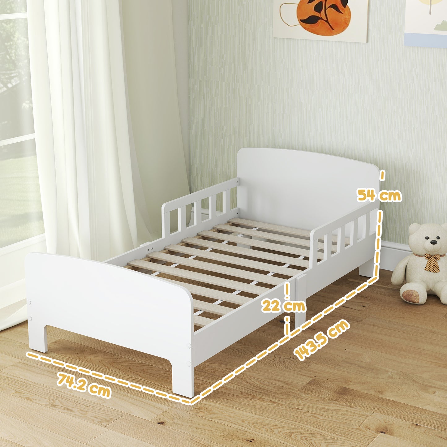 AIYAPLAY Toddler Bed for Kids with Safety Rails White Finish Low Profile Bed Frame Ages 3 to 8