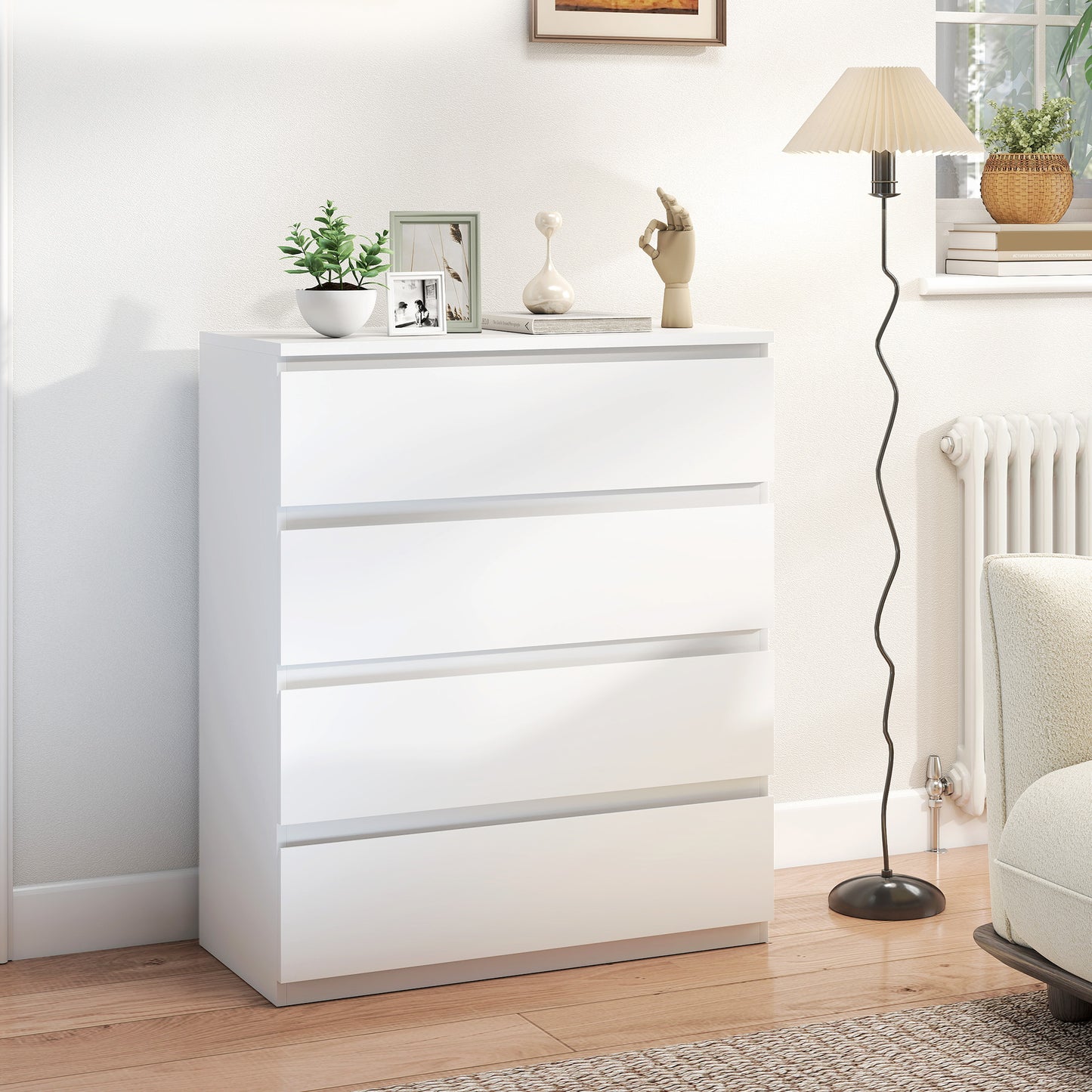 HOMCOM Four Drawer Chest White For Bedroom Storage With Flat Top Display Surface
