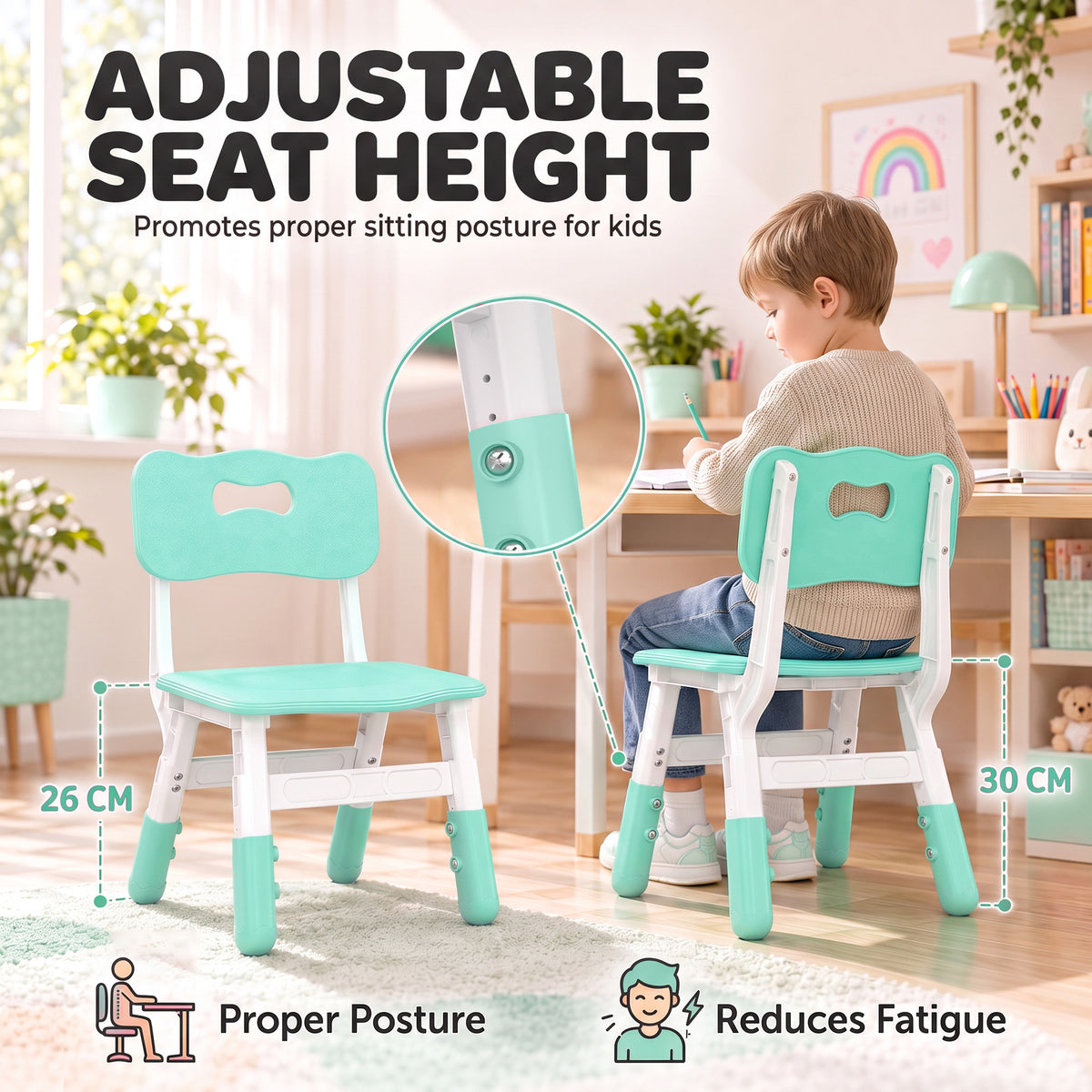 Adjustable kids chair with backrest, mint seat height adjustment on white legs