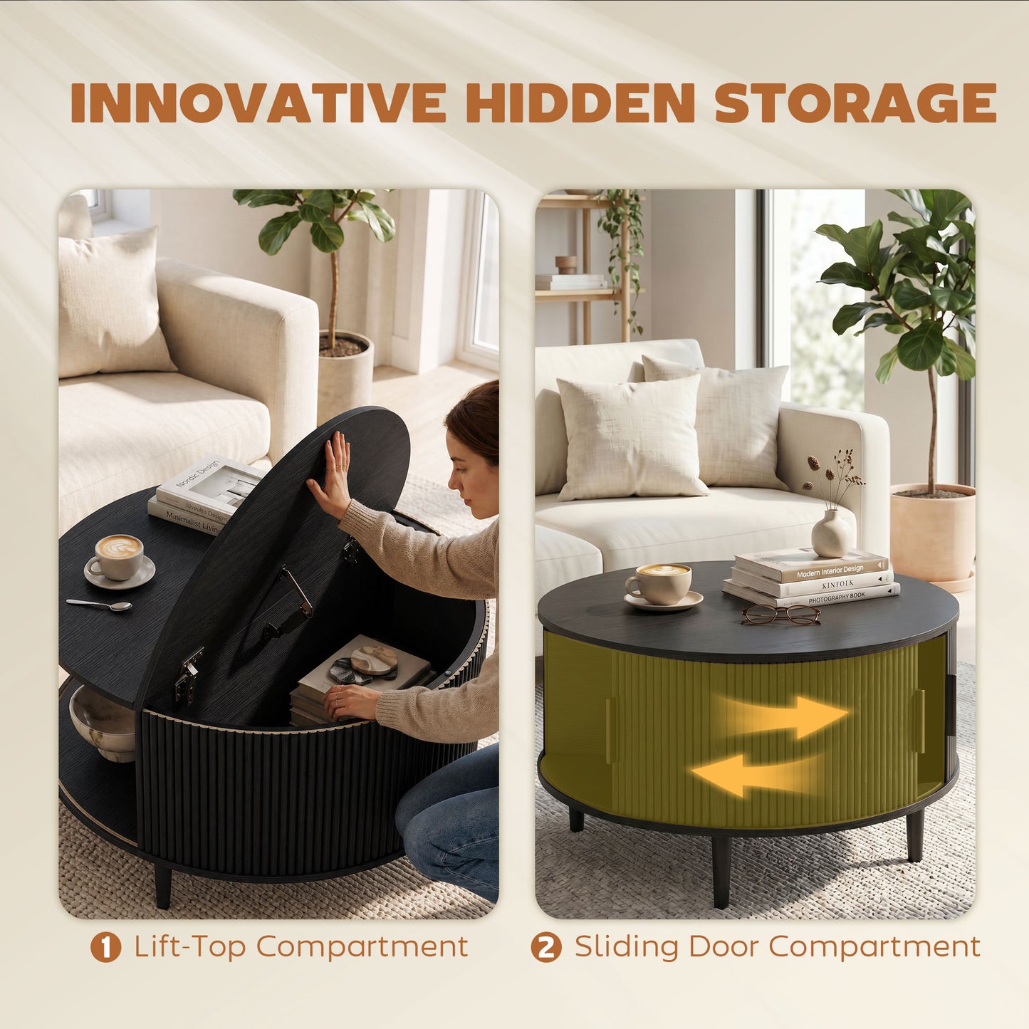 HOMCOM Lift Top Round Coffee Table With Hidden Storage And Fluted Sliding Door 80 cm Black Wood Effect