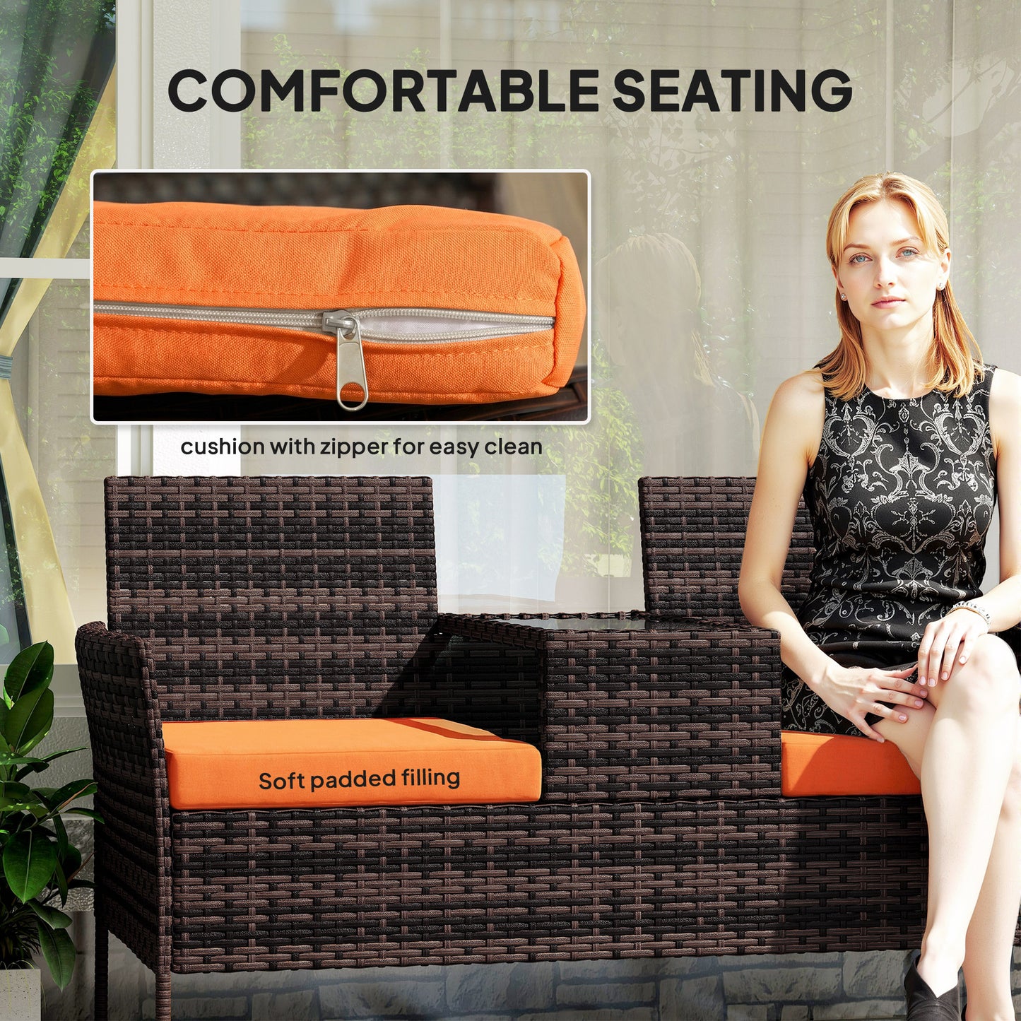 Outsunny Two Seat Rattan Conversation Set With Center Glass Table For Outdoor Patio Orange