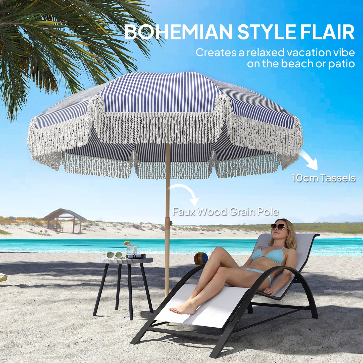Outsunny 1.7m Beach Umbrella With Sand Anchor And 30 Degree Tilting Adjustable Height Fringed Parasol In Blue