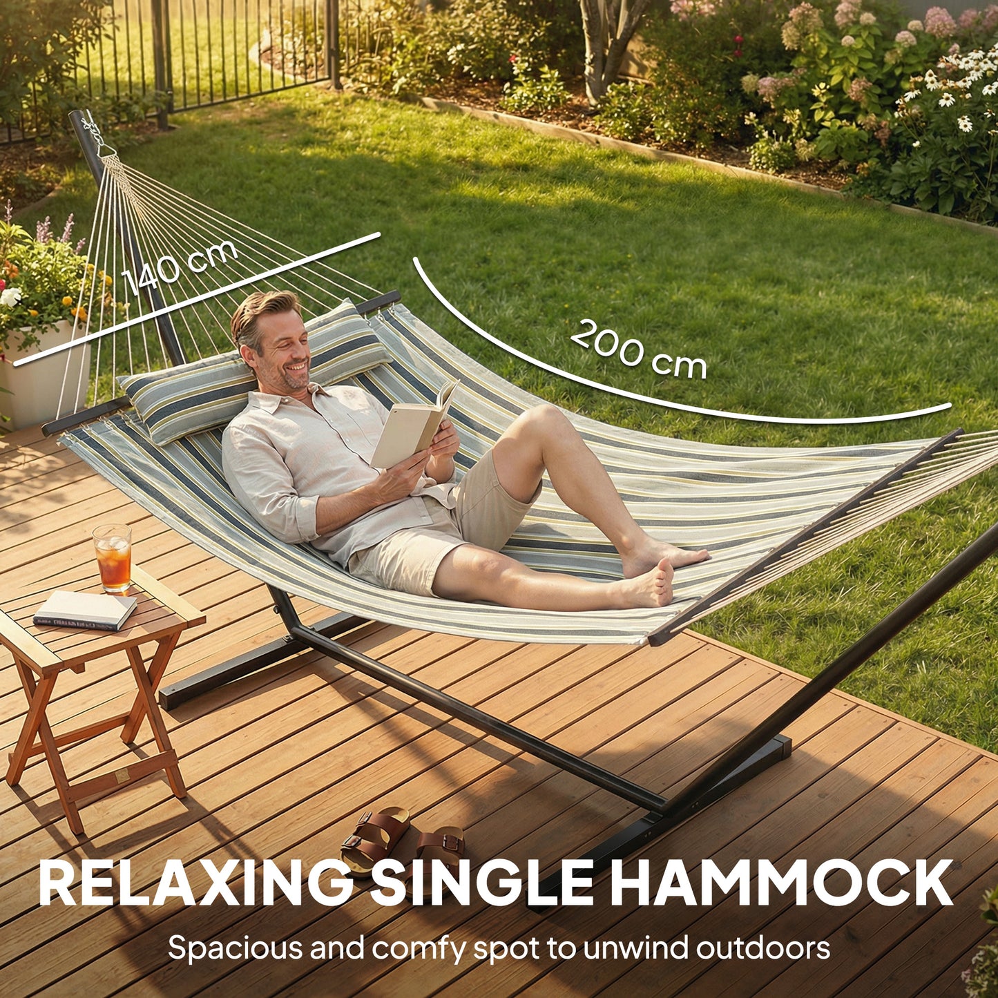 Outsunny Outdoor Hammock With Stand Detachable Pillow Striped Swing Steel Frame Green For Garden And Patio