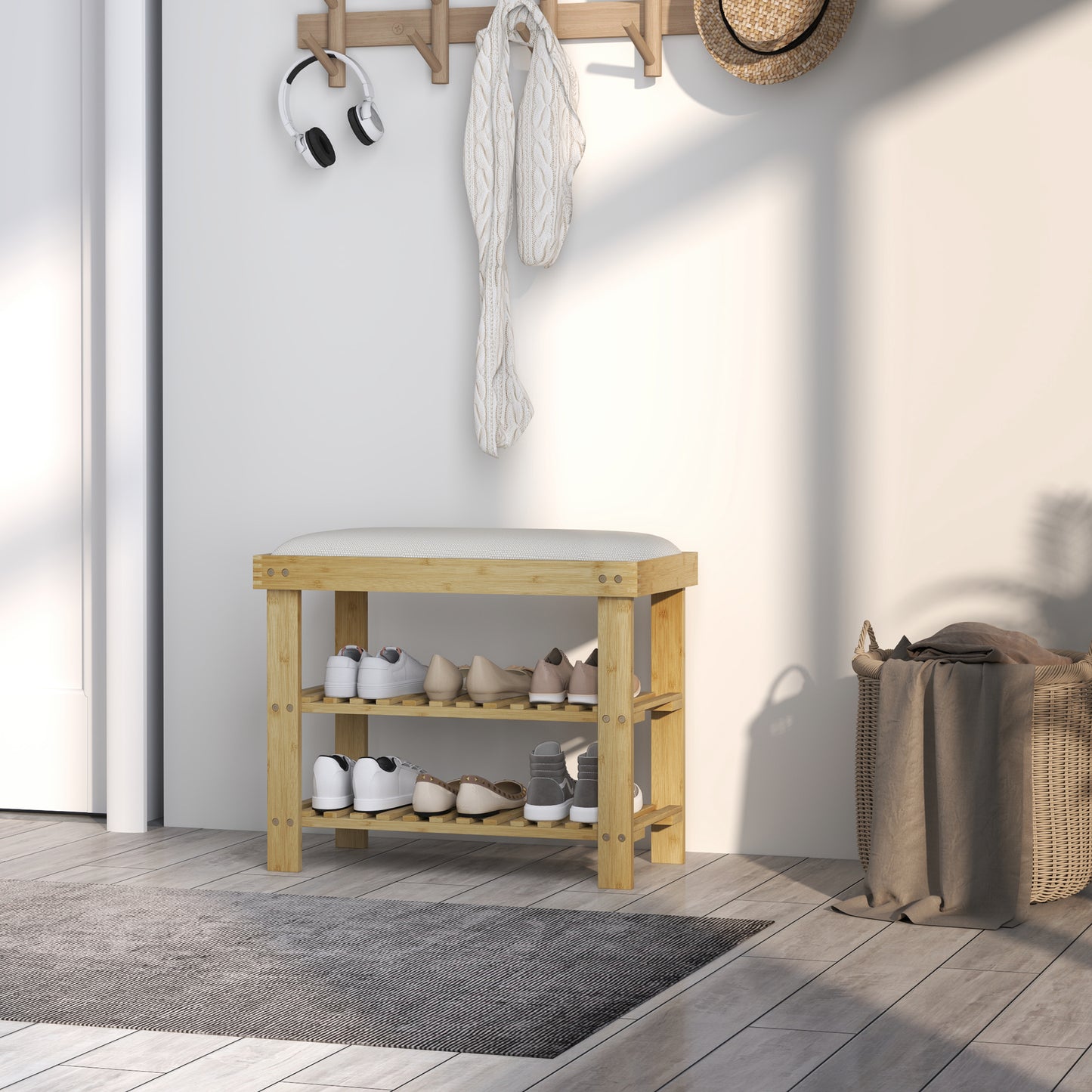 HOMCOM Bamboo Shoe Storage Bench 3 Tier With Seat Cushion Cream White for Entryway Hallway Living Room Bedroom