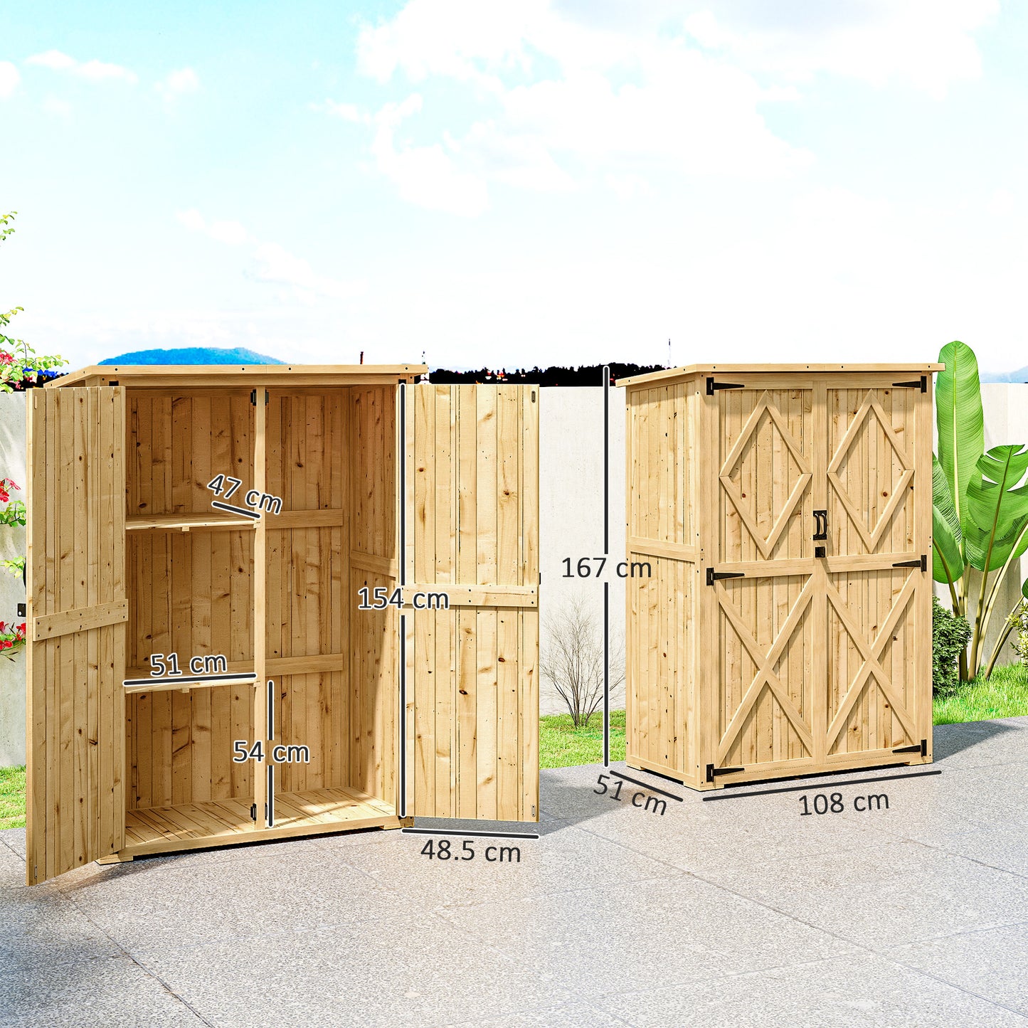 Outsunny Wooden Garden Storage Shed With Asphalt Roof Double Doors And Two Shelves For Garden Tools Equipment Natural