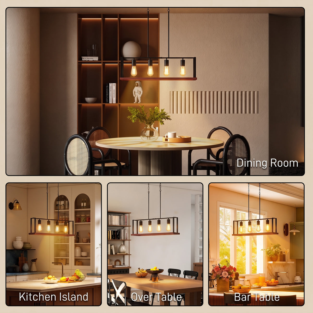 Black four-bulb pendant light with exposed filaments and rectangular metal frame