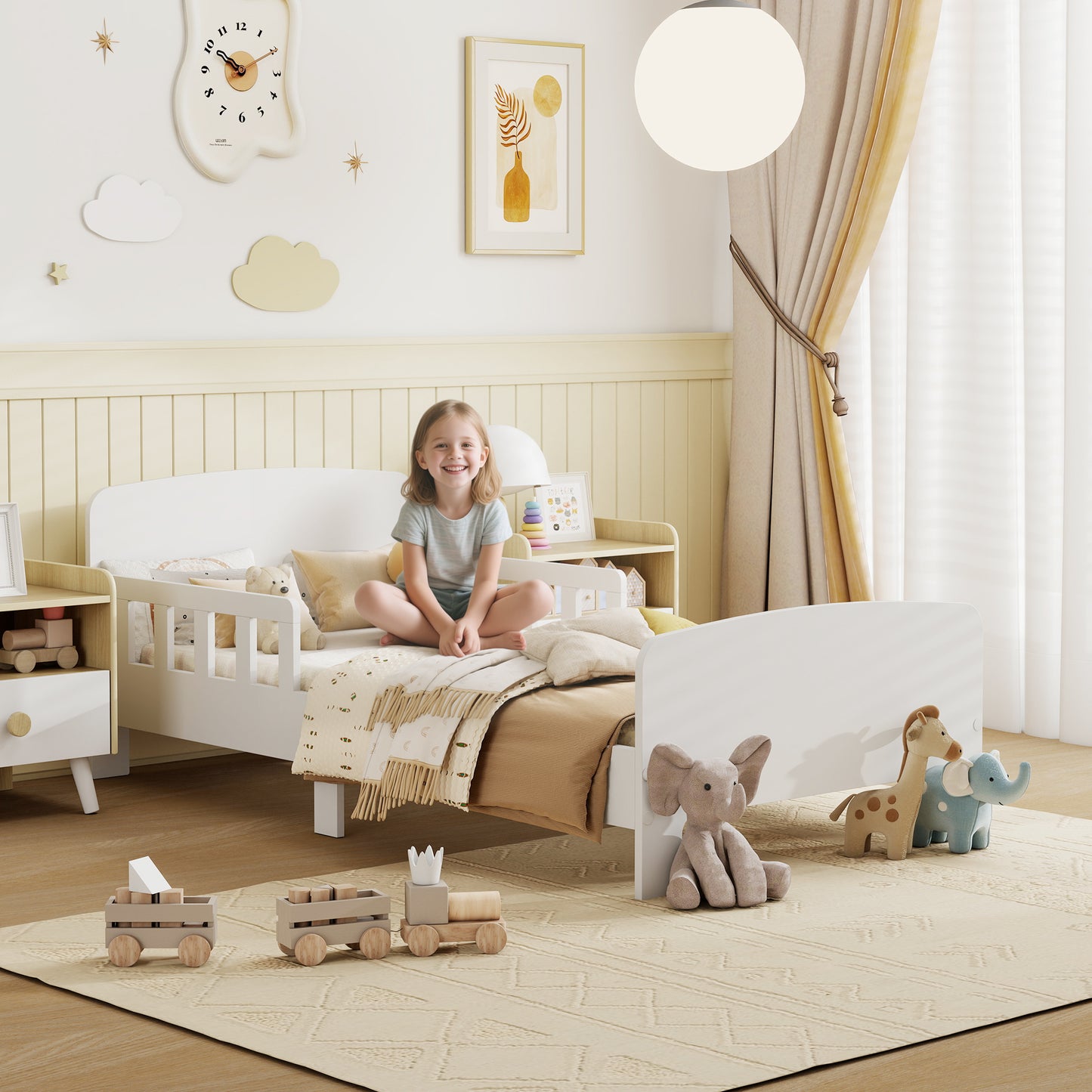AIYAPLAY Toddler Bed for Kids with Safety Rails White Finish Low Profile Bed Frame Ages 3 to 8