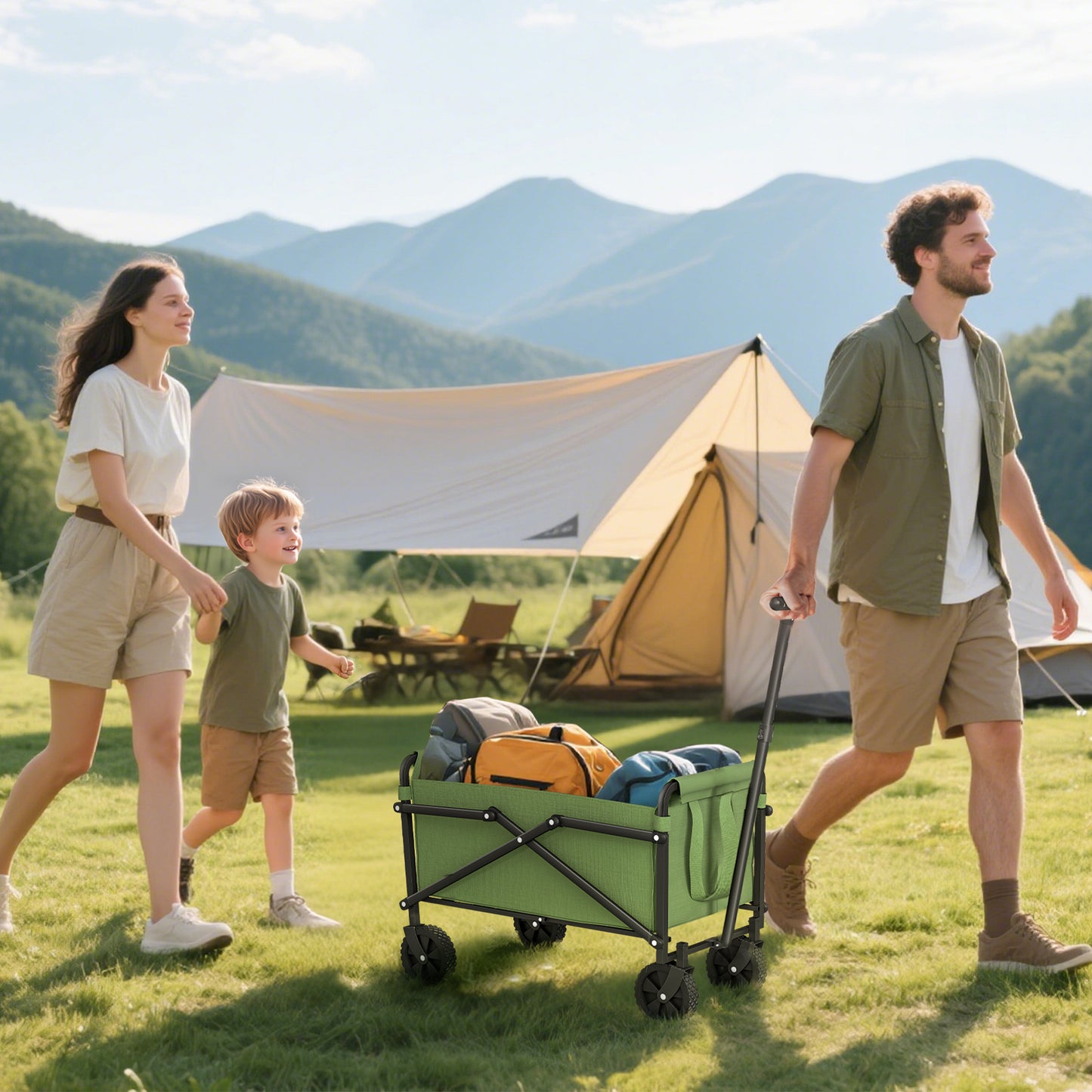 Outsunny 41L Festival Trolley On Wheels Compact Garden Folding Trolley Cart 60kg Heavy Duty Collapsible Wagon Green