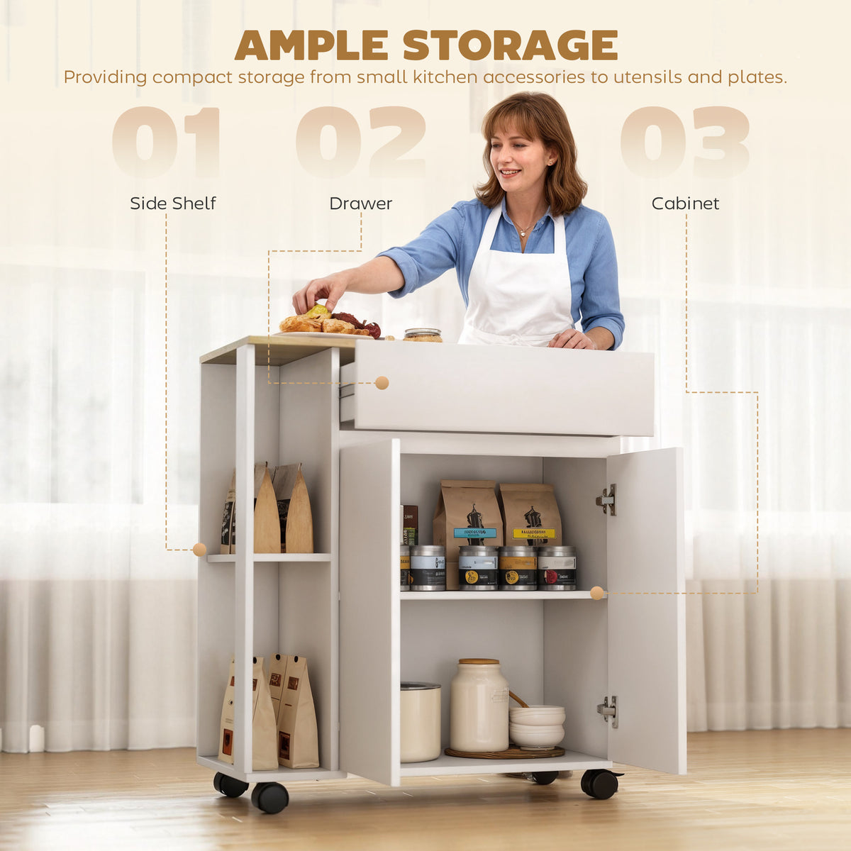 HOMCOM Rolling Kitchen Trolley Cart with Cabinet Drawer and Shelves White