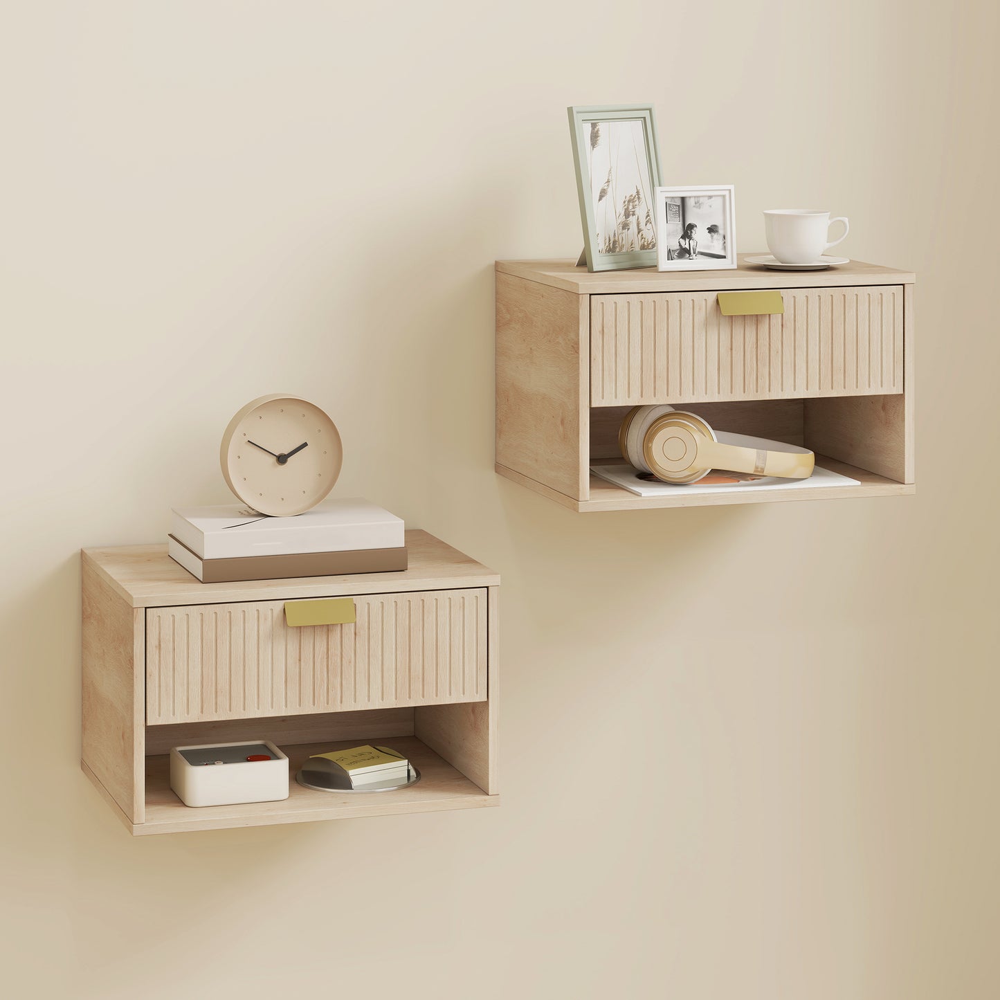 HOMCOM Set Of 2 Wall Mounted Nightstands Floating Bedside Tables With Fluted Drawer And Open Shelf For Small Bedroom Oak