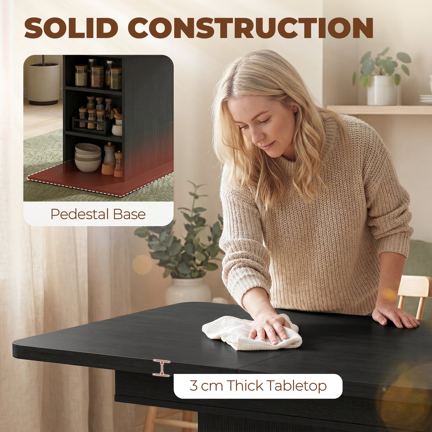 HOMCOM Extendable Dining Table For 4 To 6 People 110 To 130 Cm Black 3cm Thick MDF Top