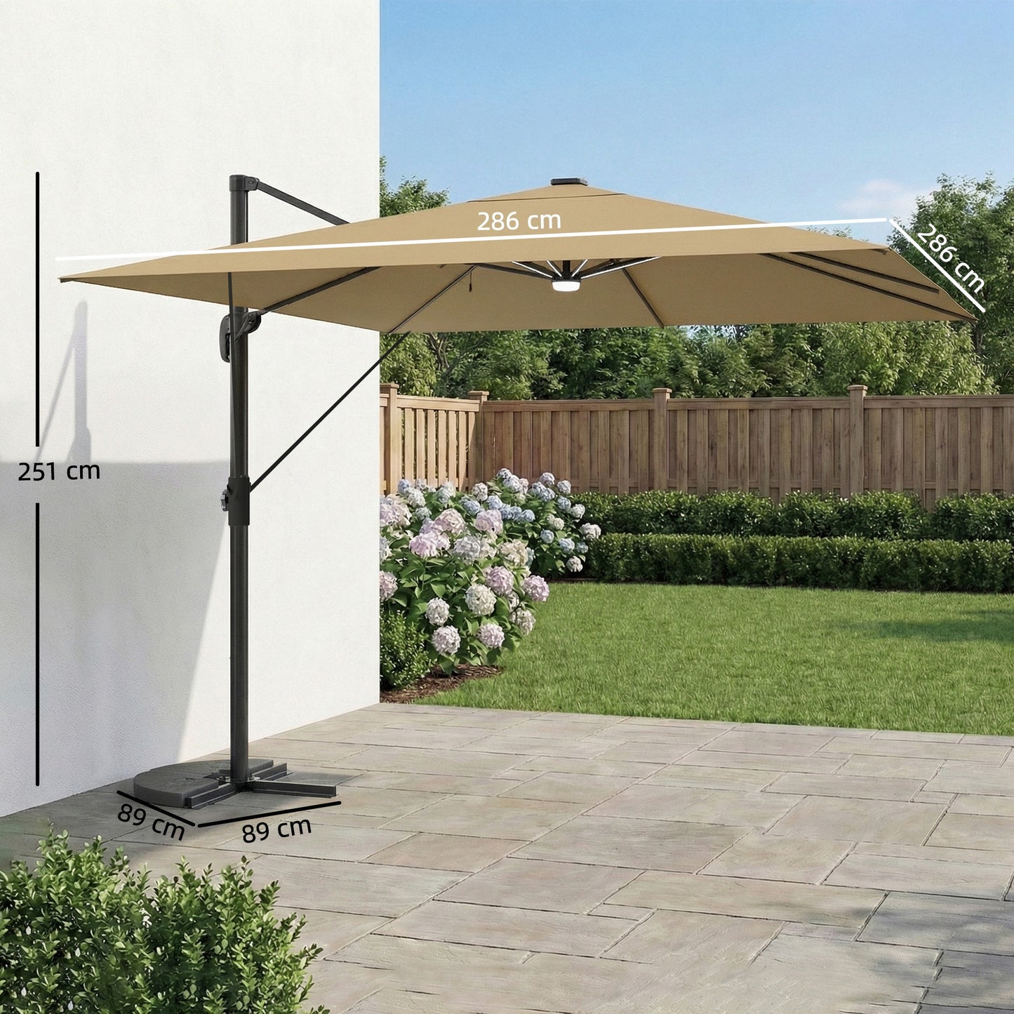 Outsunny 3 x 3 m Garden Cantilever Parasol With Light And Wind Protection 360 Degree Rotation Khaki