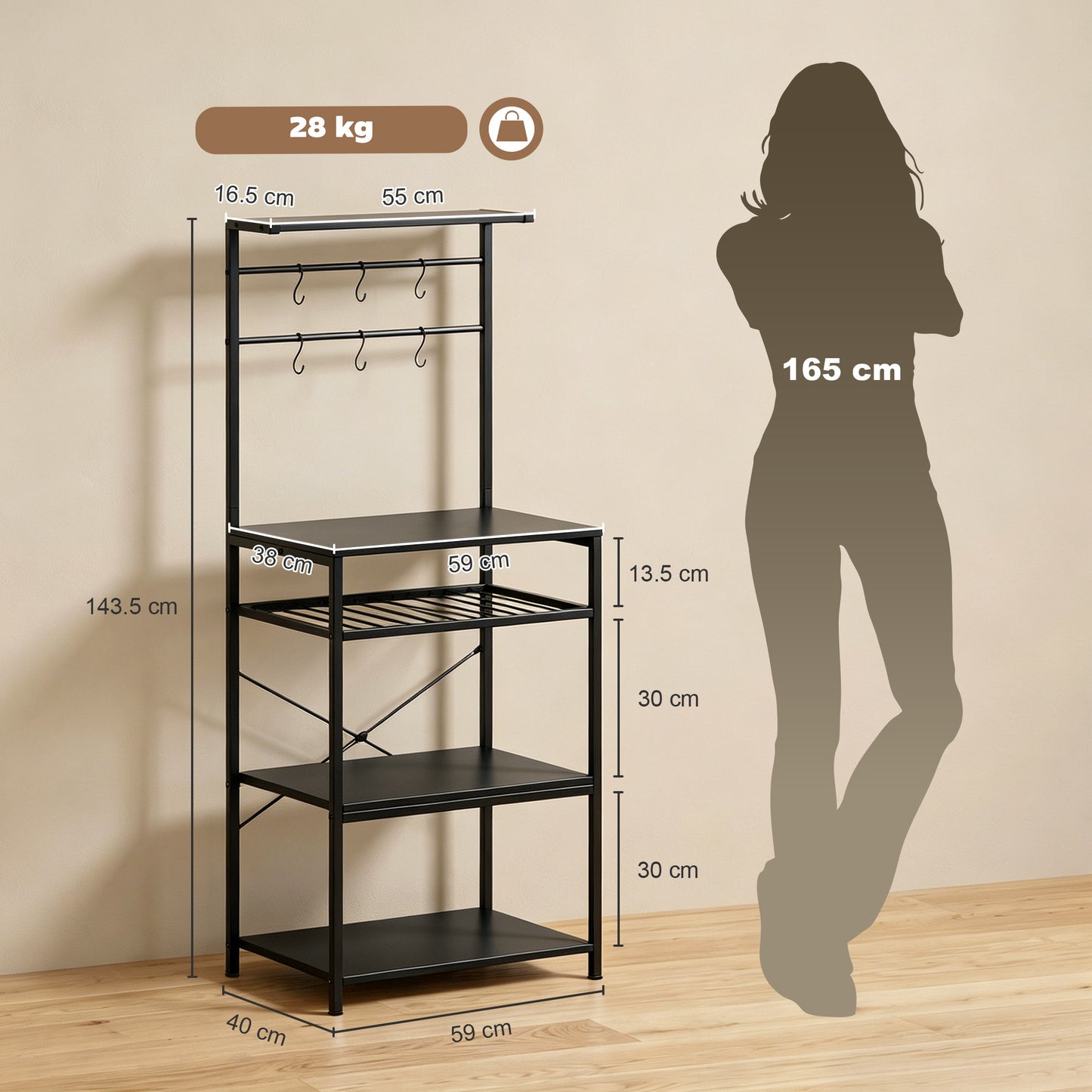 HOMCOM Freestanding Shelving Unit With Wine Rack And Six Hooks For Living Room Five Tier X Frame Design Black