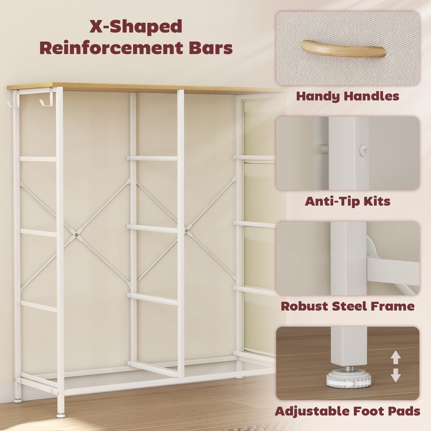 HOMCOM Chest Of Eight Fabric Drawers Beige With Steel X Frame And Four Side Pockets And Two Hooks