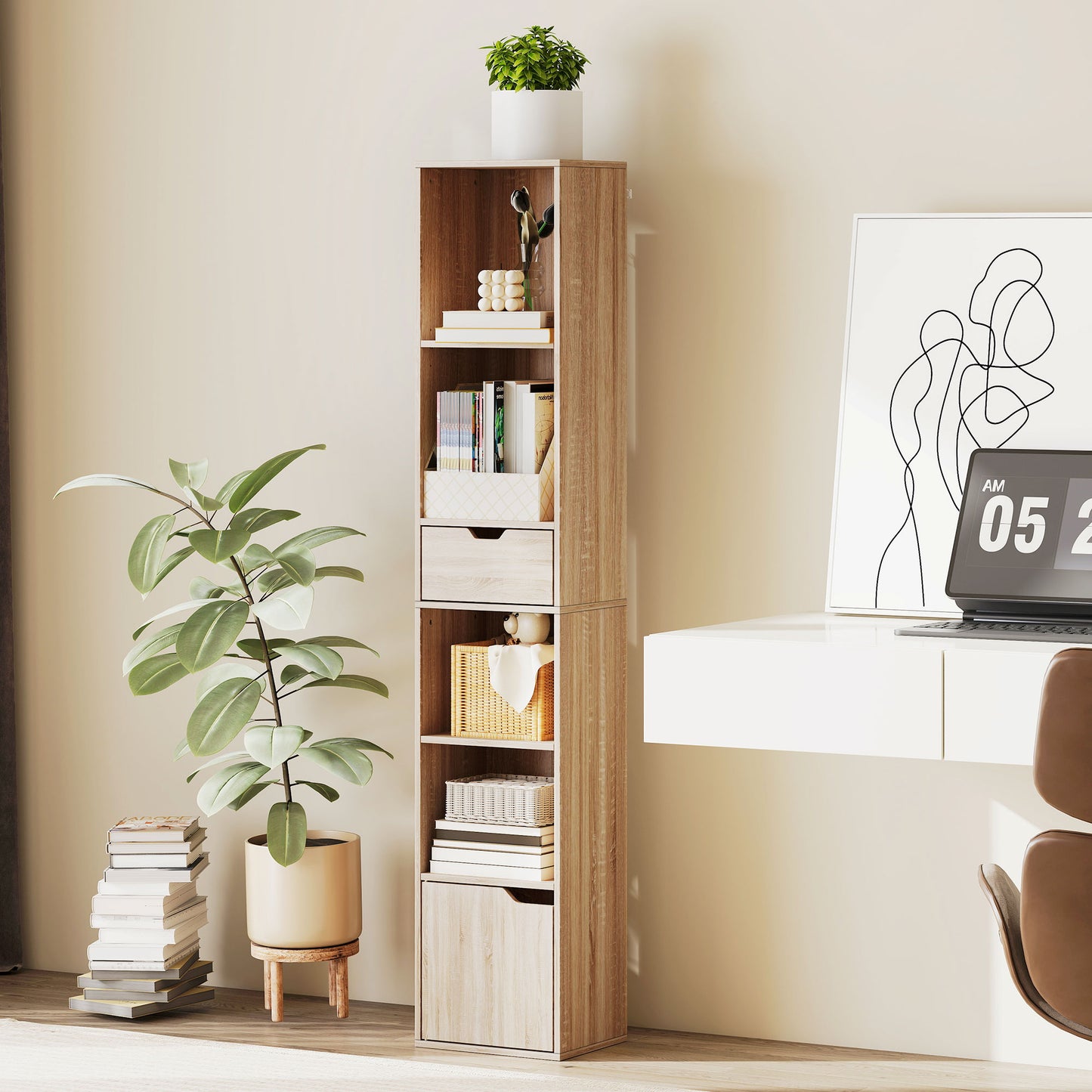 HOMCOM Six Tier Tall Narrow Bookcase With Drawer And Door Natural Wood Finish Durable Storage