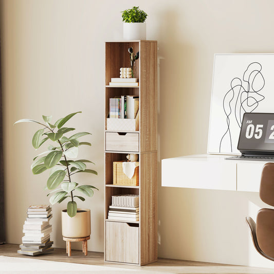 HOMCOM Six Tier Tall Narrow Bookcase With Drawer And Door Natural Wood Finish Durable Storage
