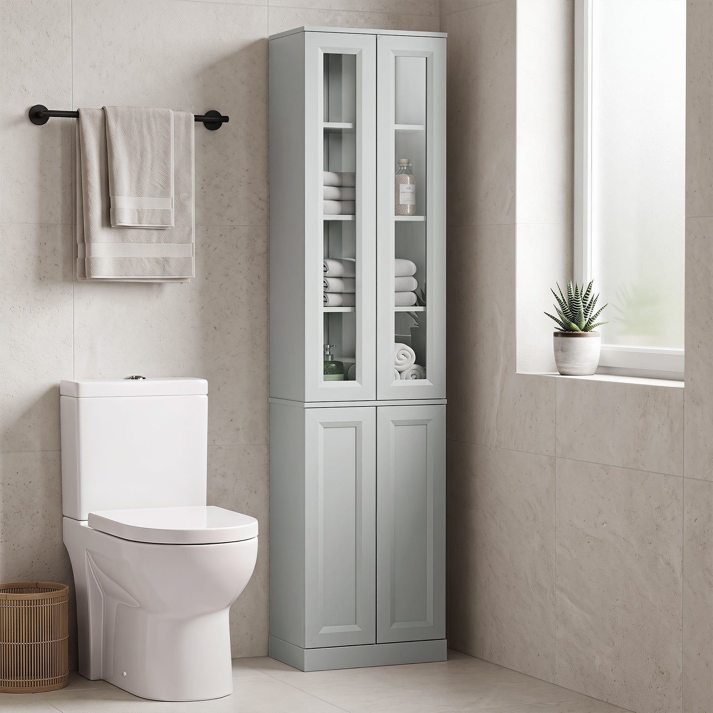 HOMCOM Tall Bathroom Storage Cabinet 6 Tier Slim Cabinet With Adjustable Shelf And Soft Close Doors Dusty Blue