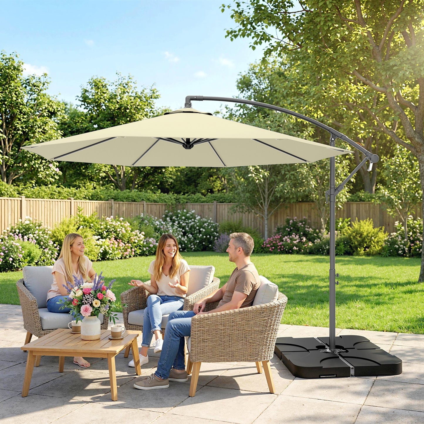 Outsunny 3m Overhanging Cantilever Parasol With Base Weights And Cover Sand Brown