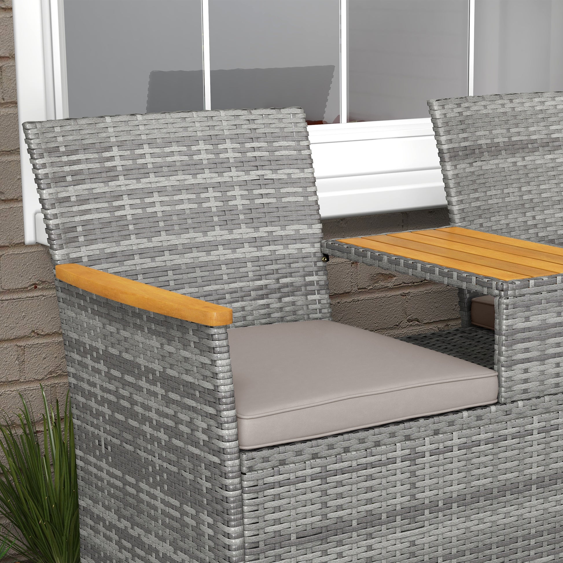 Outsunny Grey Rattan Loveseat with Acacia Wood Middle Table for Two - ALL4U RETAILER LTD