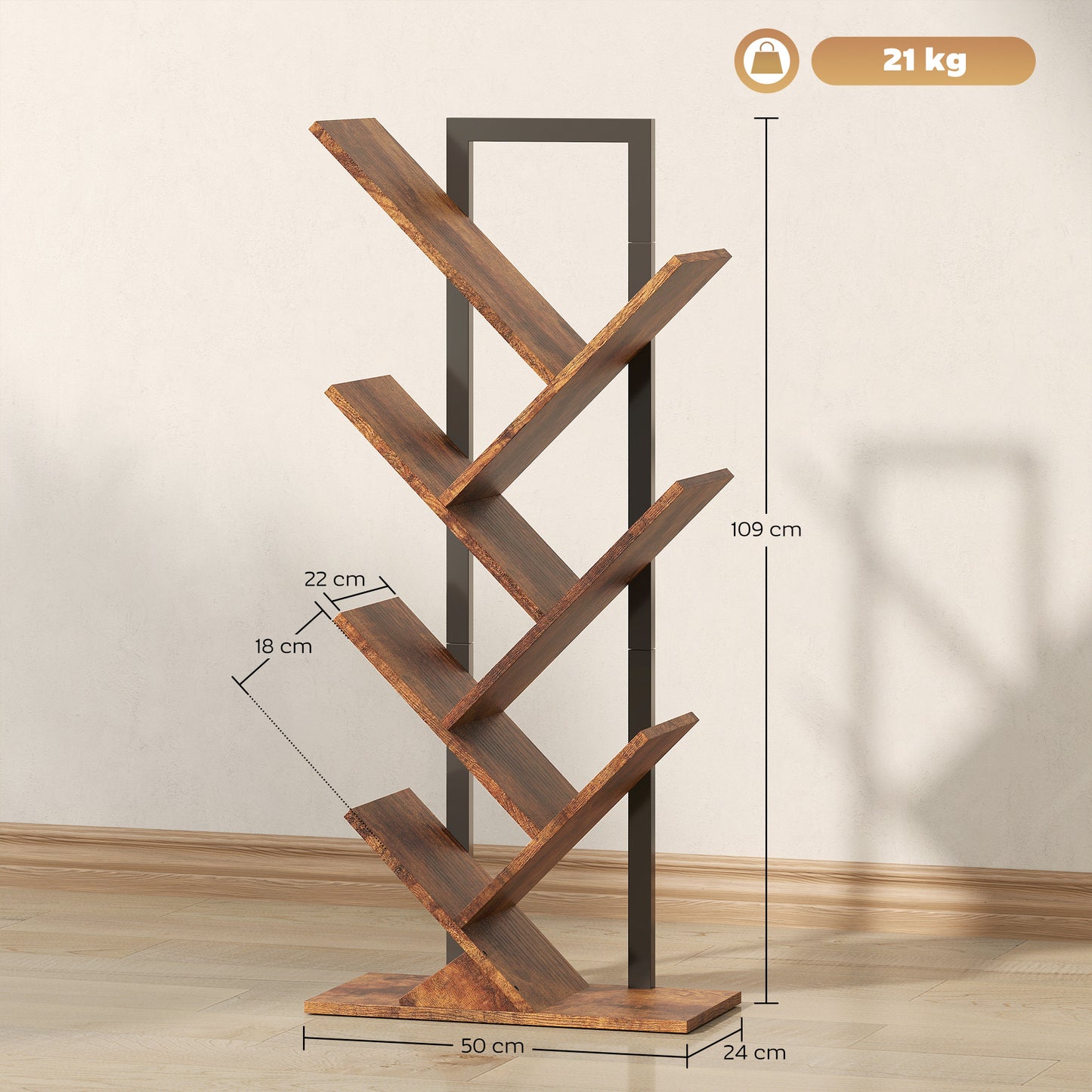 HOMCOM Six Section Tree Bookcase With Steel Frame And Wood Effect Finish For Books Magazines And Media Storage