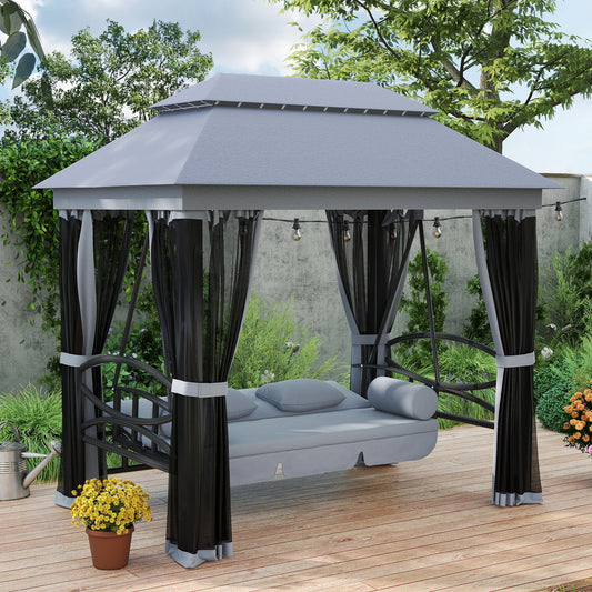 Outsunny 3 In 1 Seater Swing Chair Gazebo Lounger With Cushioned Seat And Waterproof Canopy Grey
