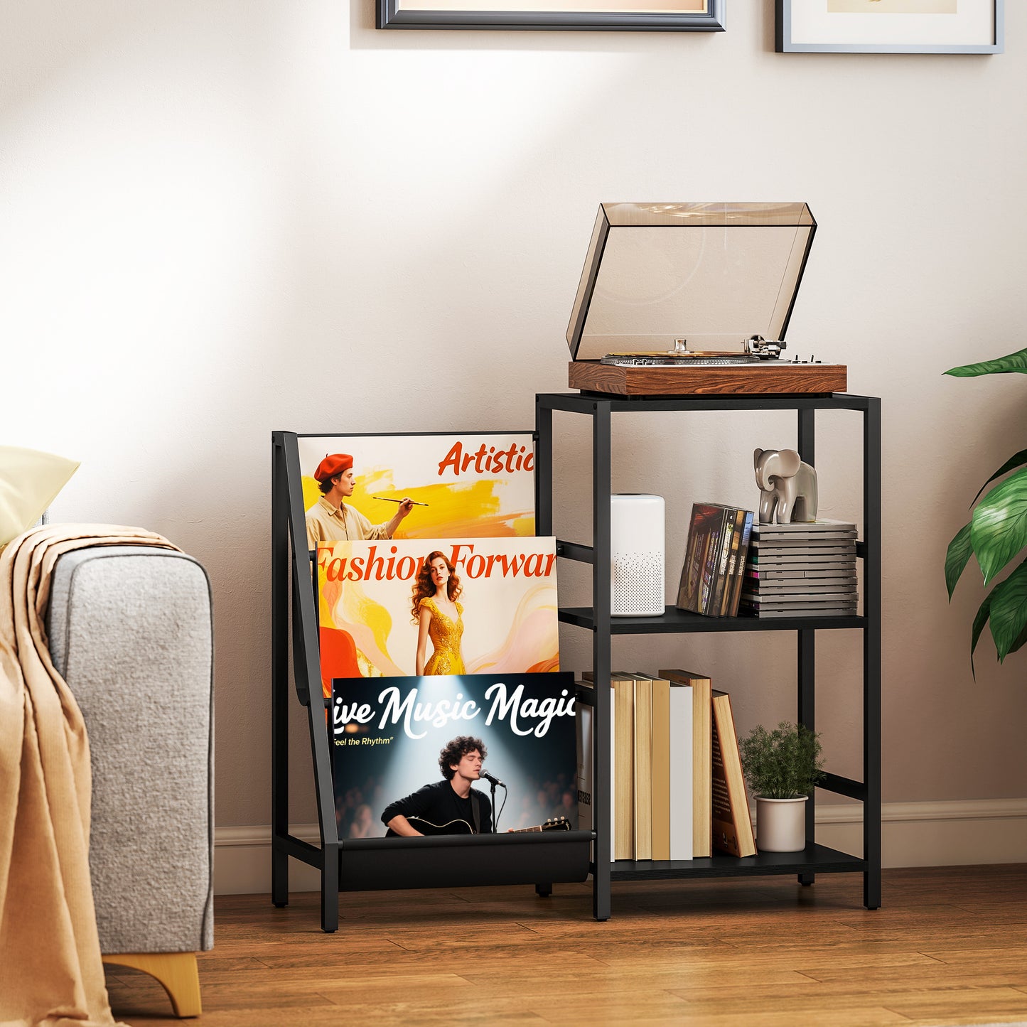 HOMCOM 3 Tier Record Player Stand End Table for Living Room and Bedroom Black Wood Effect